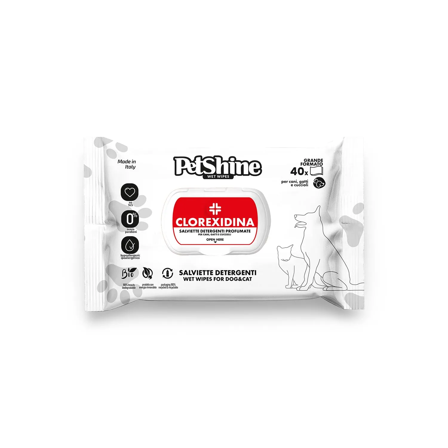PetShine – Salviette igieniche per Cani e Gatti con clorexidina, 40 Pezzi, Pulizia antisettica, rimozione dei Cattivi odori, Senza Alcool, Adatte per Pelli sensibili
