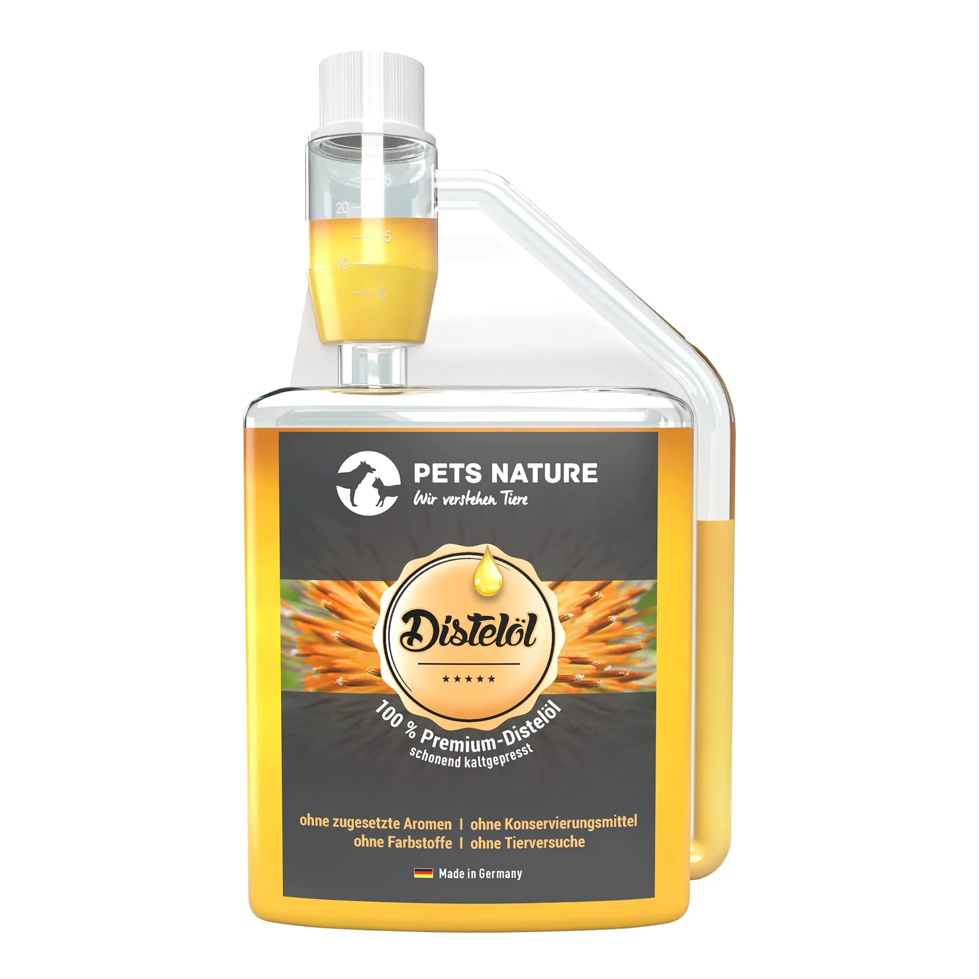 Pets Nature Olio di cardo per cani e gatti – puro olio di cardo premium ricco di acidi grassi omega-6 acido linoleico – 100% naturale, spremuto delicatamente a freddo, prodotto in Germania (250 ml)