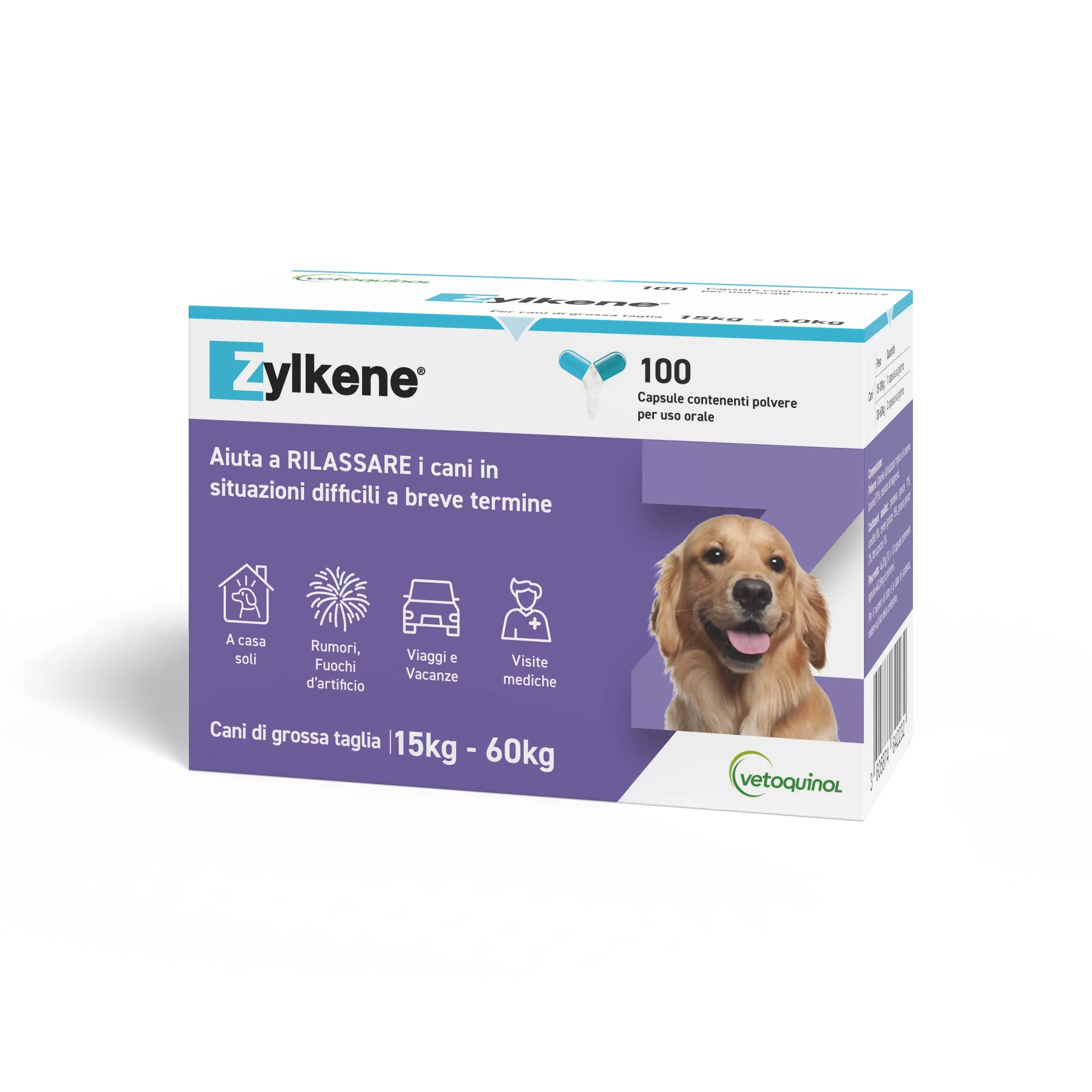 Zylkene Mangime Complementare | Cani di taglia grande (15-60 kg) 450 mg | Promuove il rilassamento nelle situazioni di disagio nel breve termine: Rumori forti, Visite veterinarie | 100 capsule