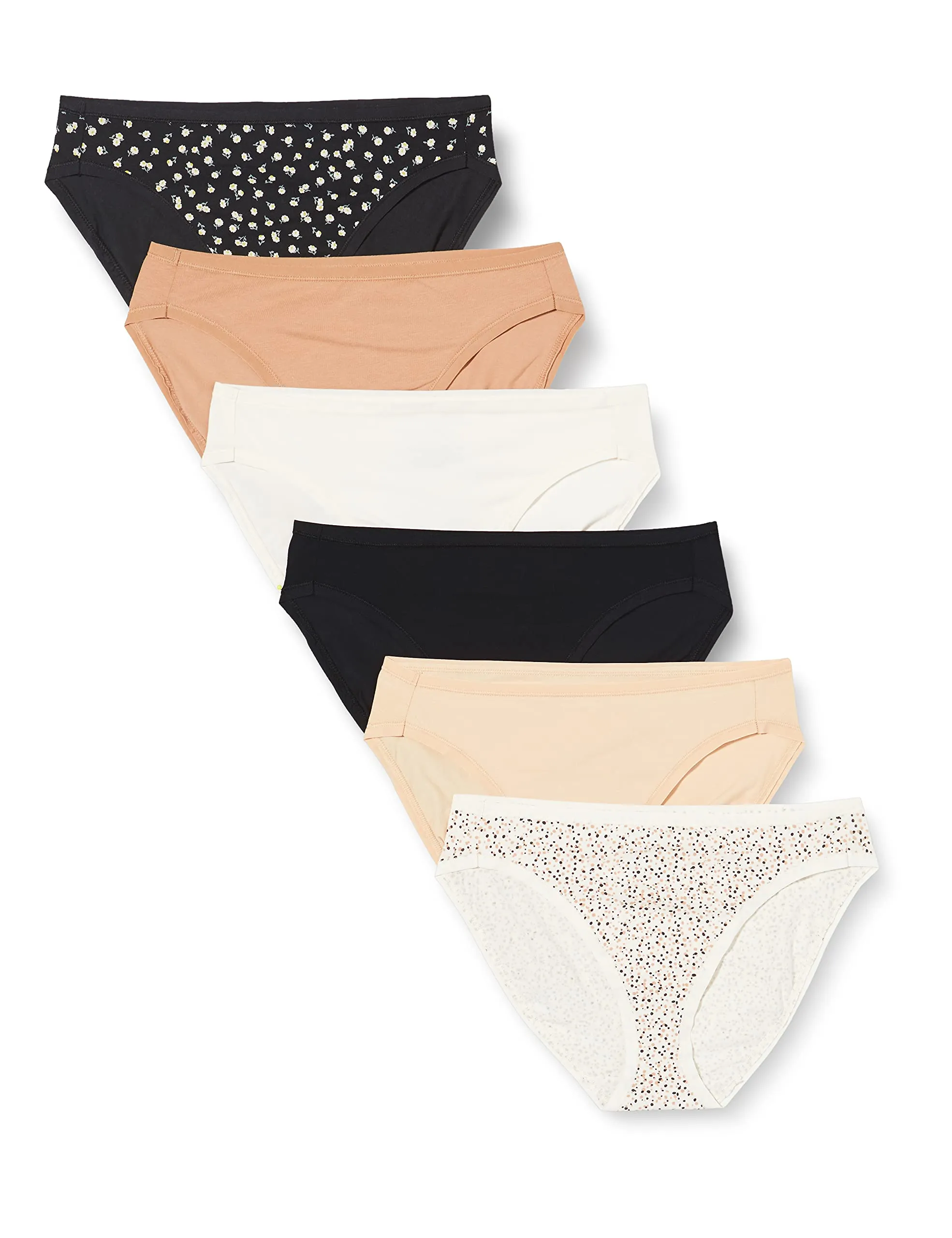 Amazon Essentials Pantaloni a Vita Alta in Cotone Spandex, Traspiranti Donna, Confezione da 6, Floreale/Multicolore/Pois, 50