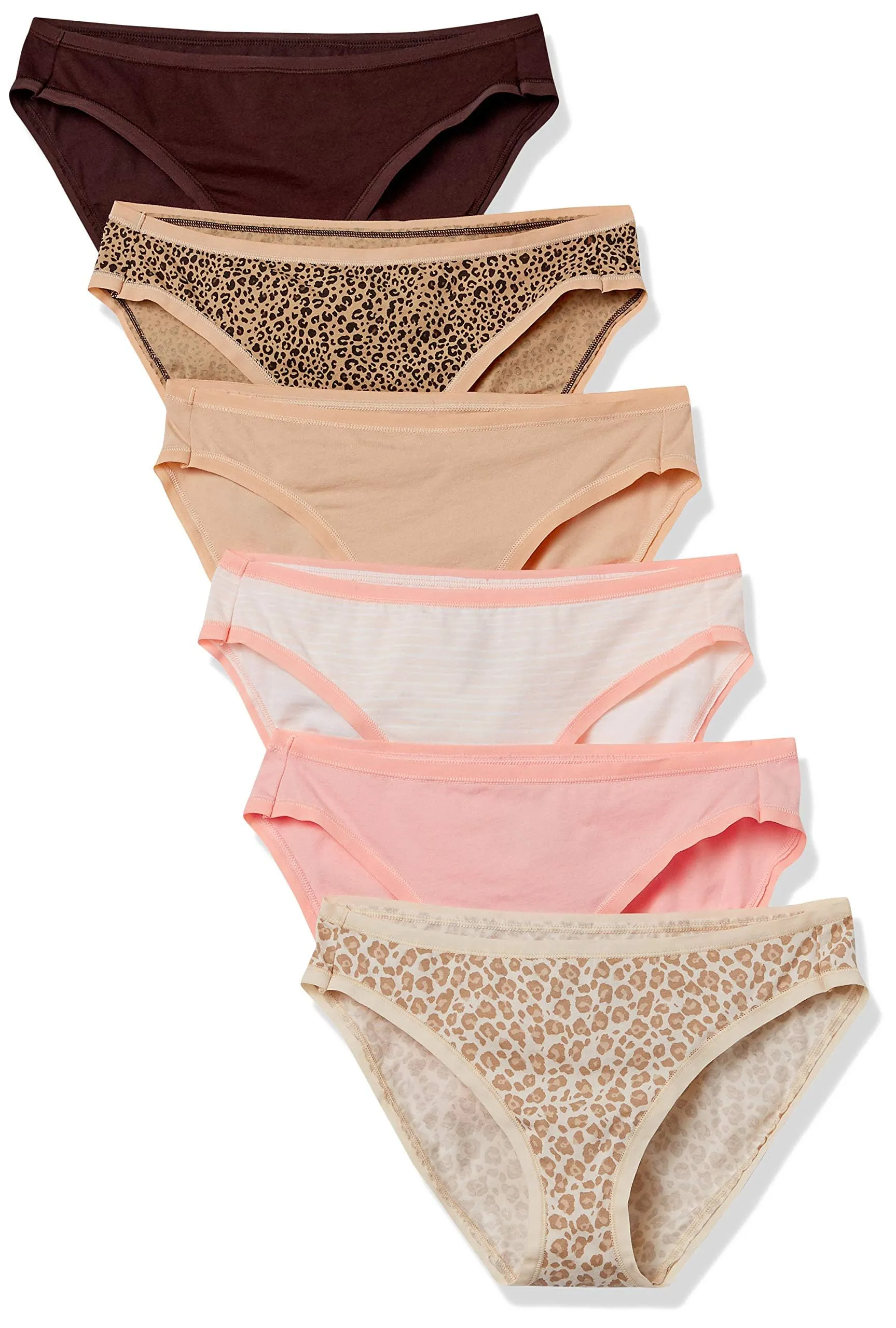 Amazon Essentials Slip Intimi Modello Bikini in Cotone Spandex (Disponibile nelle Taglie Forti) Donna, Confezione da 6, Leopardata/Multicolore/Righe/Stampa Animalier, 44