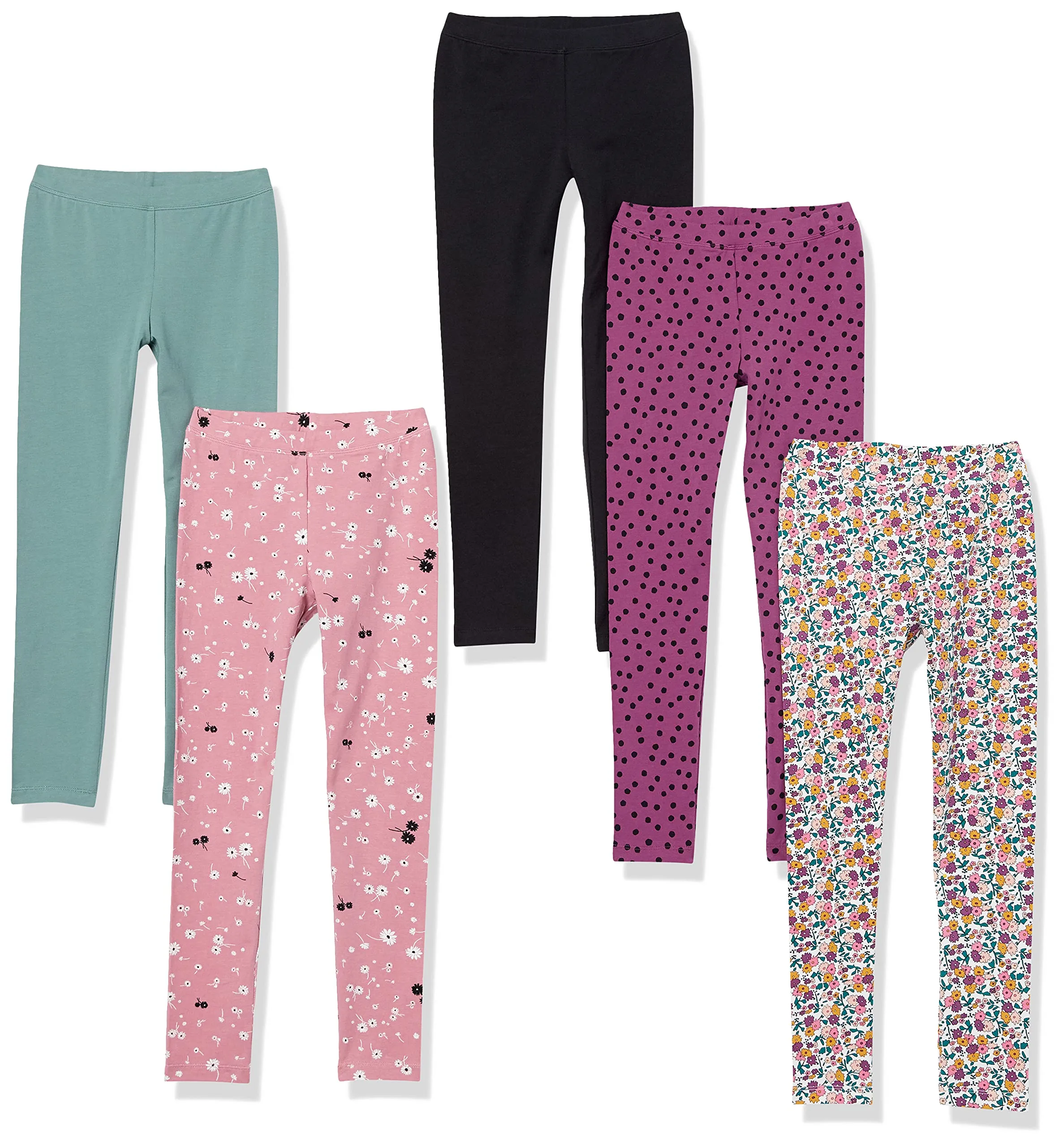 Amazon Essentials Leggings Bambine e Ragazze, Pacco da 5, Bianco Motivo Floreale Piccolo/Nero/Porpora Pois/Rosa Fiori/Verde Turchese, 7-8 anni