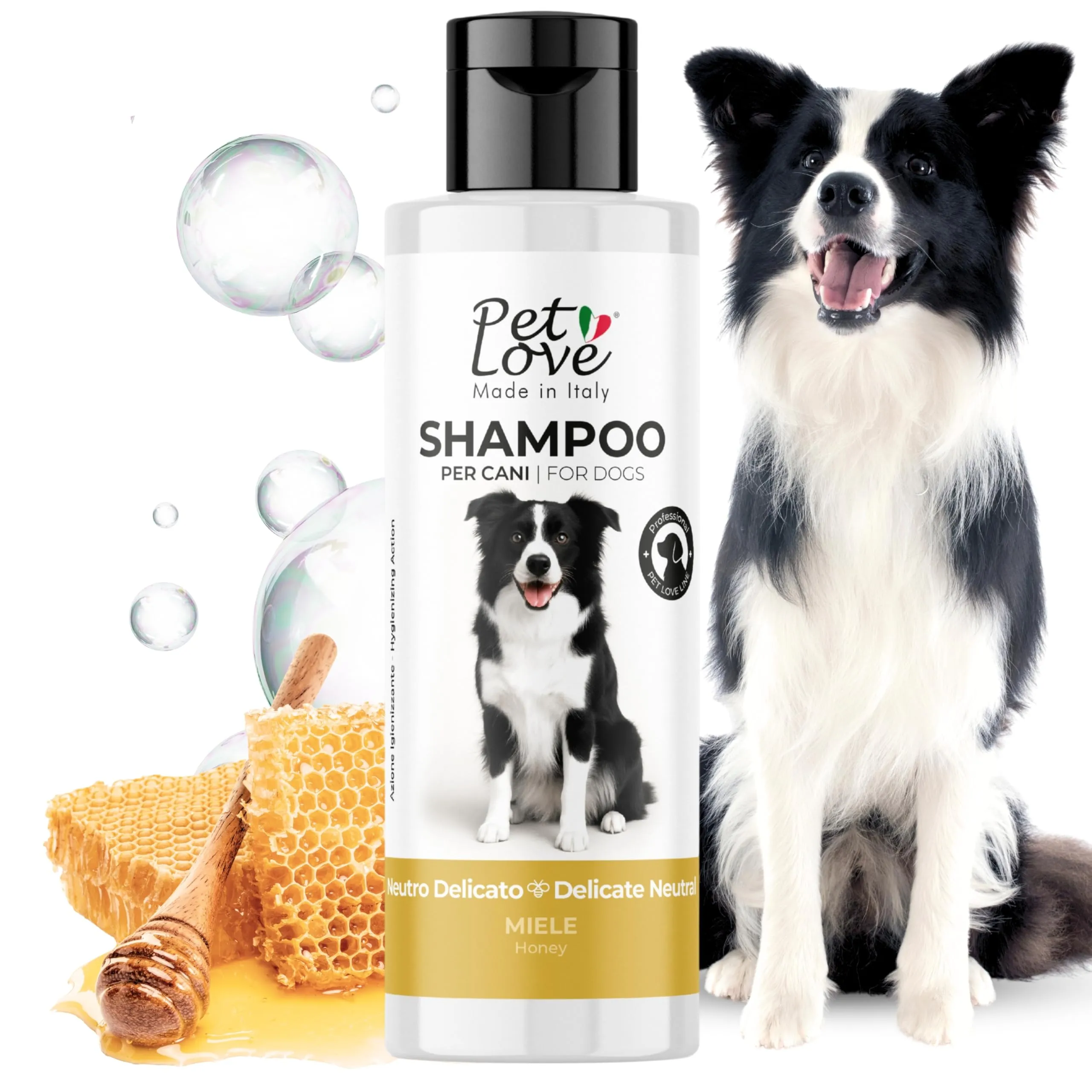 Pet Love Shampoo per Cani Neutro e Delicato per Lavaggi Frequenti - Azione Detergente e Igienizzante per un Pelo Morbido e Luminoso, Adatto a Pelli Sensibili - Profumo di Miele, 250 ml