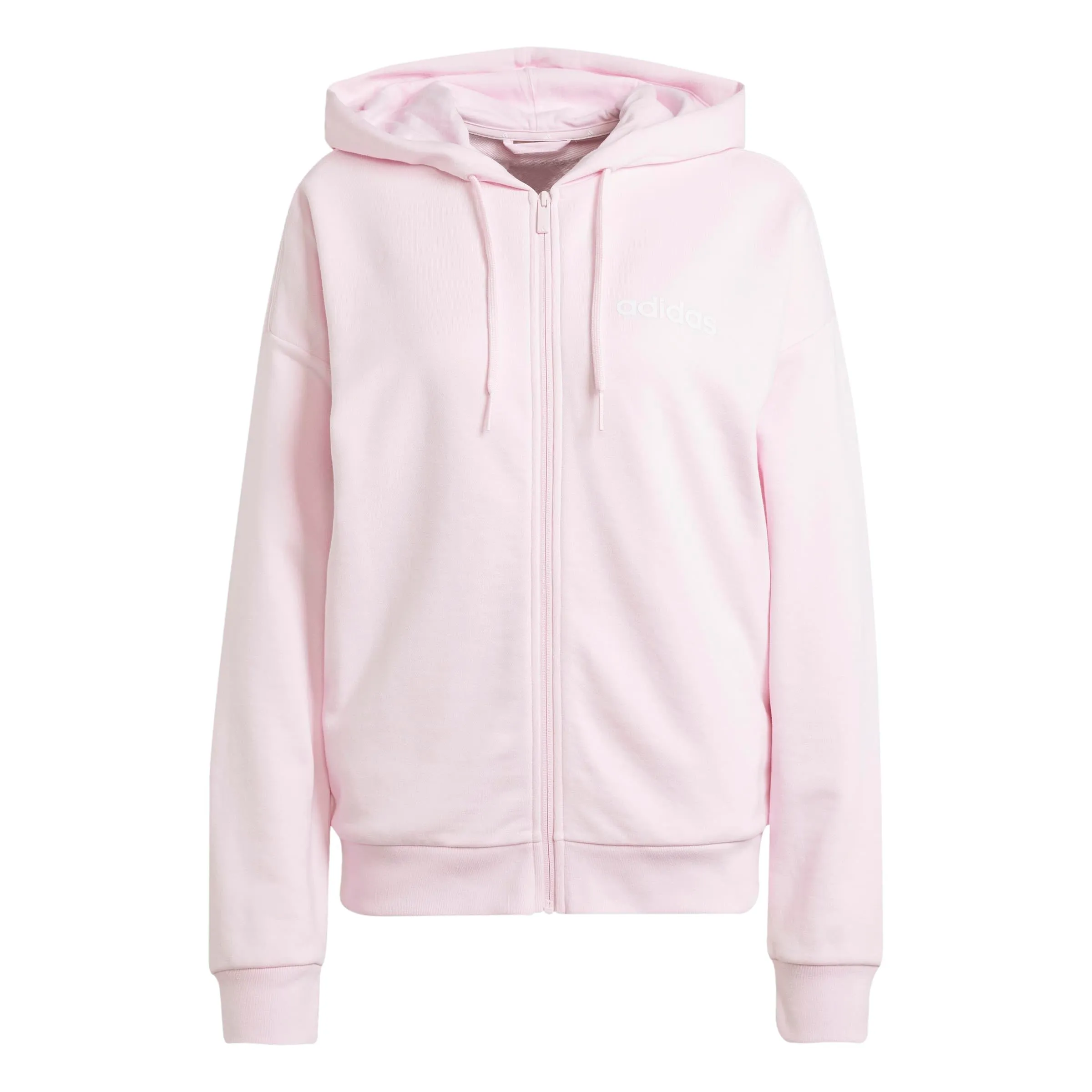 adidas Donna Essentials Linear Full Zip French Terry Hoodie Sweatshirt, Clear Pink/White, XXL
