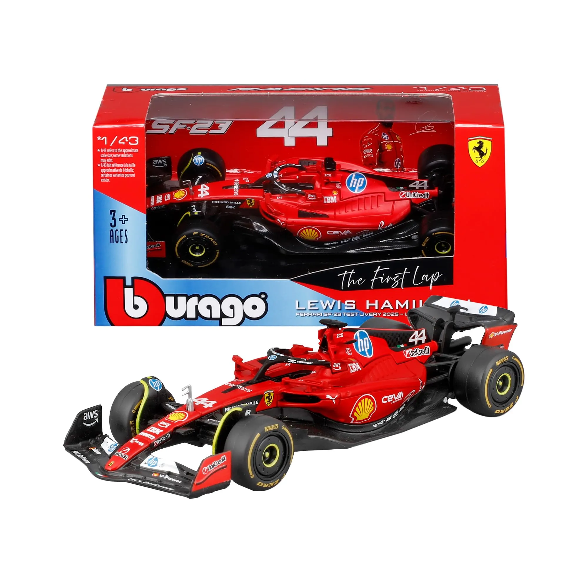 Bburago - Ferrari SF-23 "The First Lap" Test Fiorano 2024#44 Lewis Hamilton, Modellino Auto in Scala 1:43, Replica con Licenza Ufficiale Ferrari, Età Consigliata 36+ Mesi