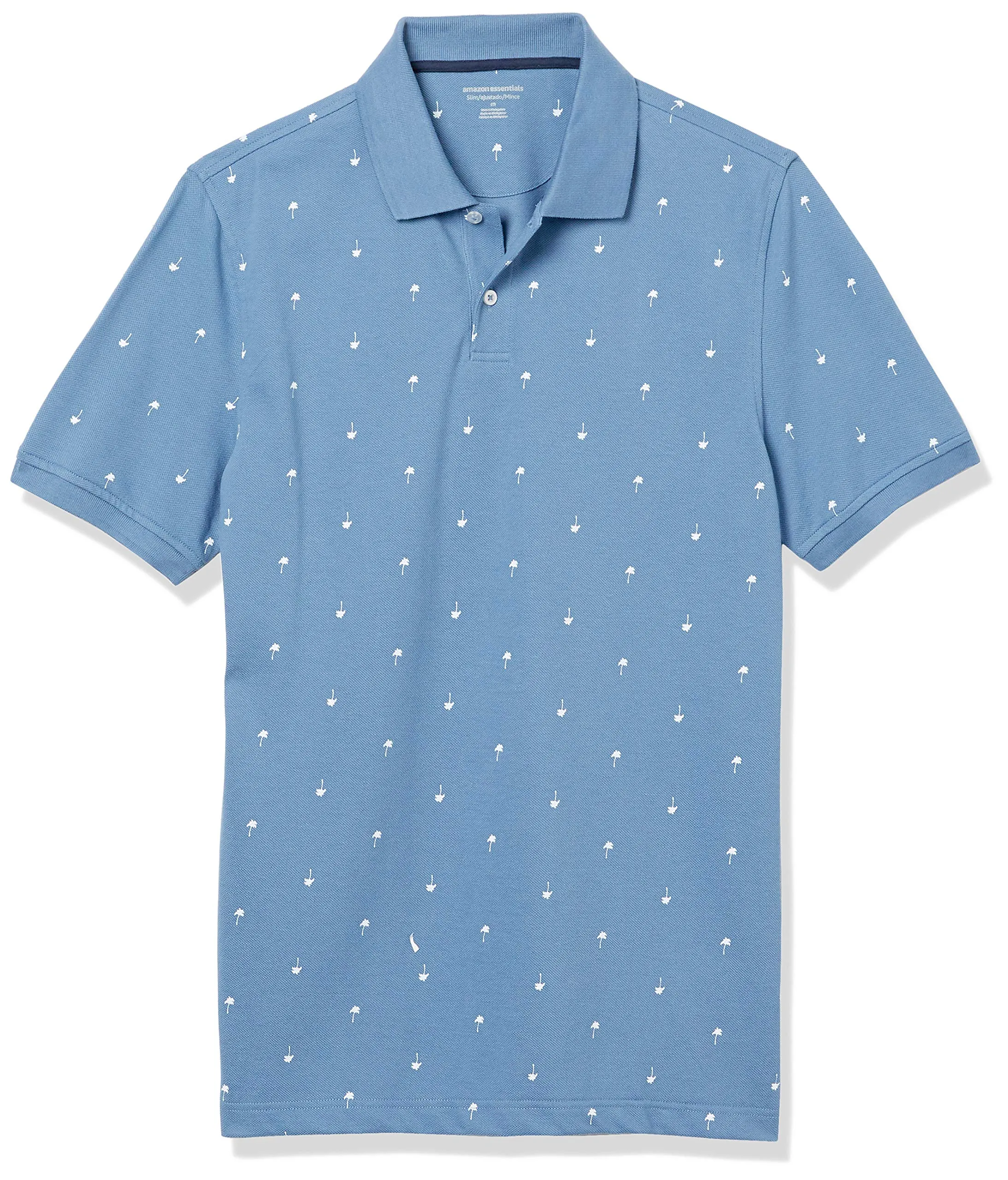 Amazon Essentials Polo in piqué di Cotone Slim Uomo, Blu Stampa Palme, XXL