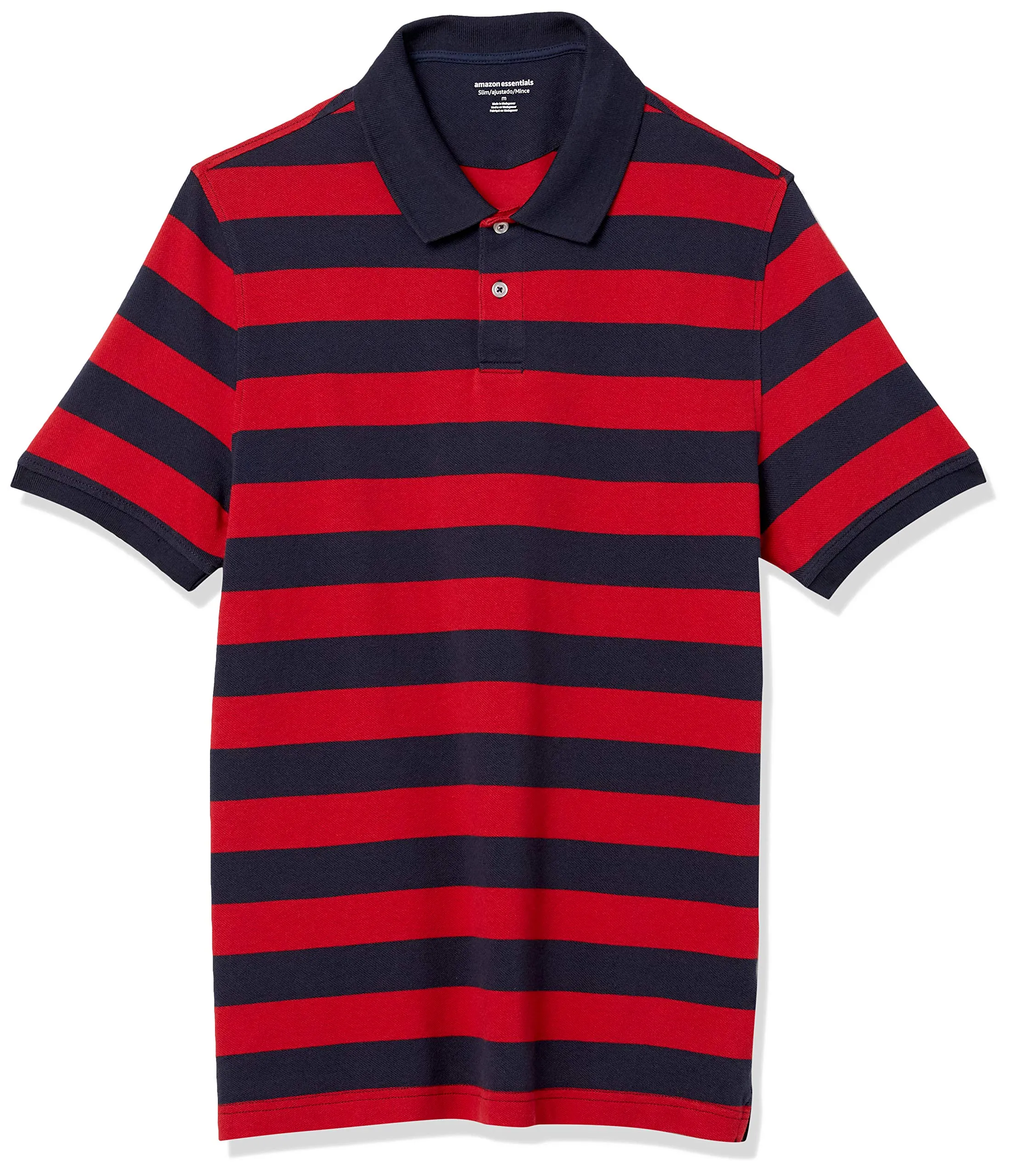 Amazon Essentials Polo in piqué di Cotone Slim Uomo, Blu Marino Rosso Righe da Rugby, S