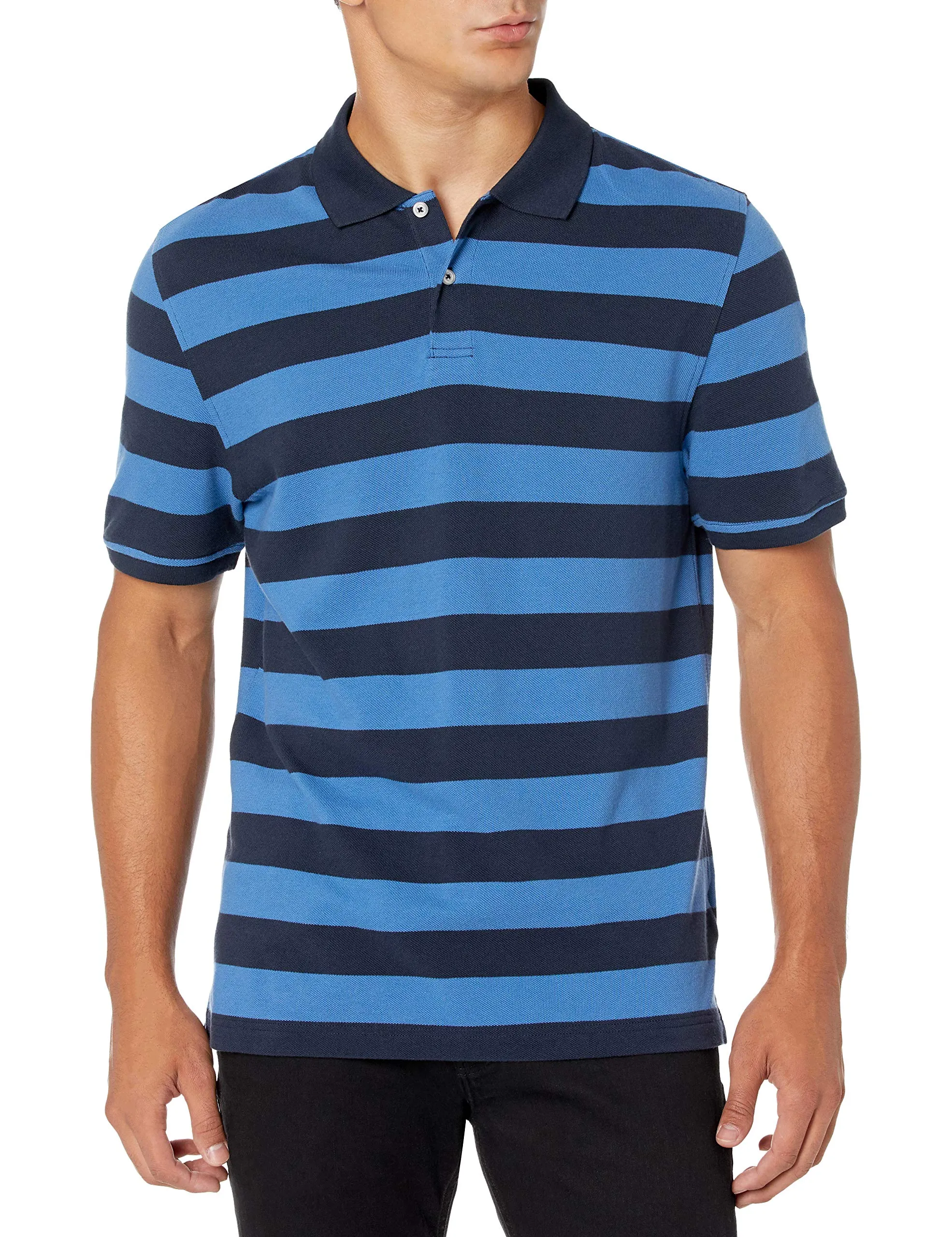 Amazon Essentials Polo in piqué di Cotone Slim Uomo, Nero Blu Righe da Rugby, L