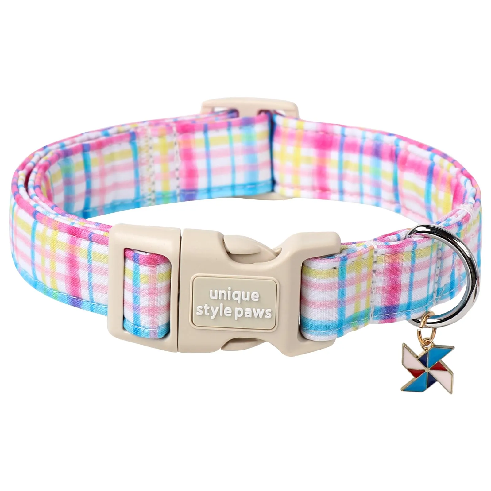 Unique Style Paws Collare in cotone con chiusura rapida - A quadri blu-rosa, resistente, carino per cani di taglia piccola, media e grande