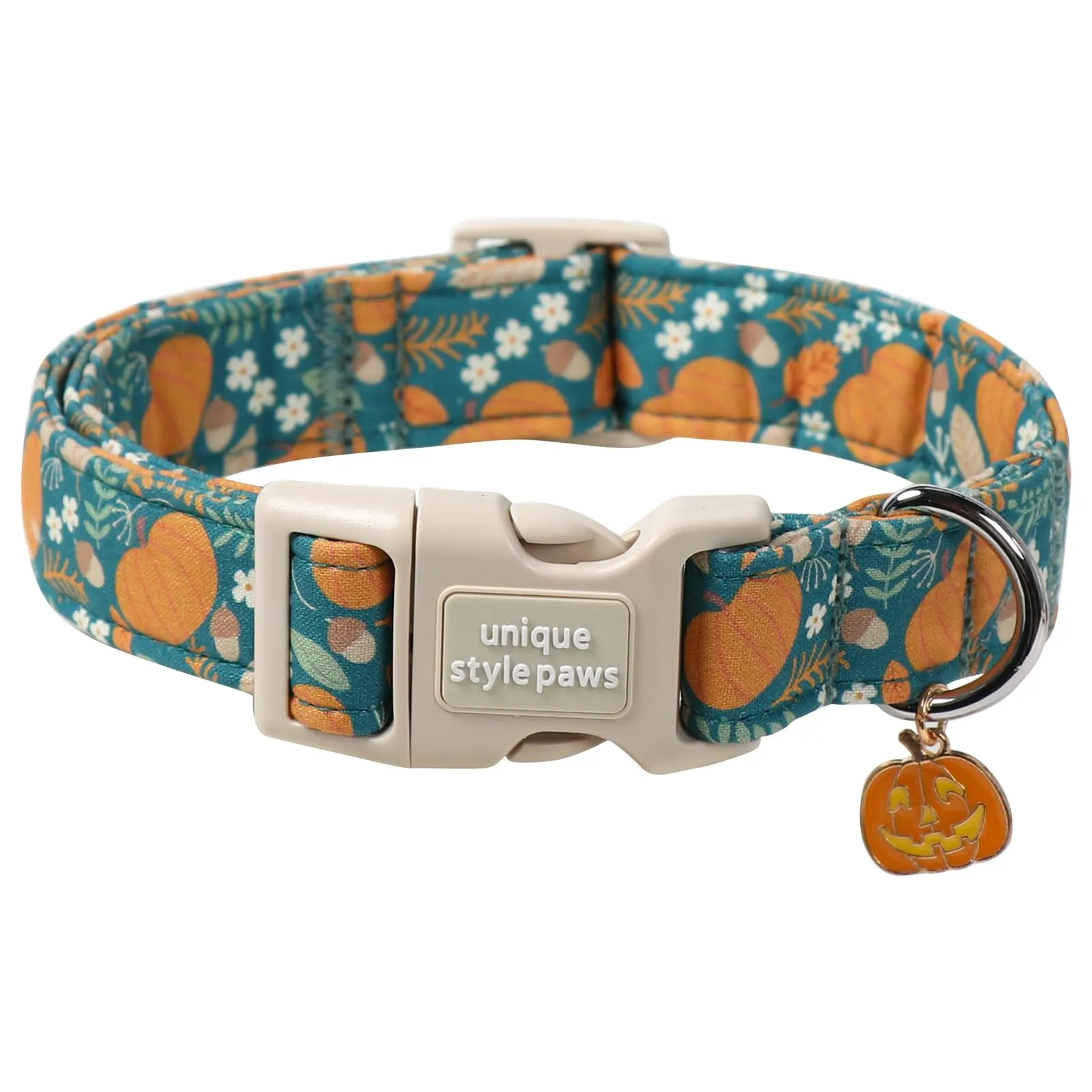 Unique Style Paws Collare per cani di Halloween, grazioso collare per cani a forma di zucca con fibbia in plastica a sgancio rapido, comodo collare in cotone verde per cani maschi e femmine