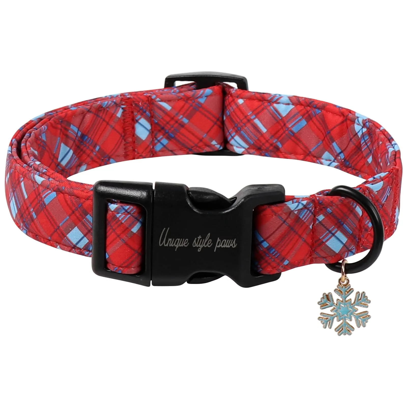 Unique style paws Collare natalizio a quadri rossi per cani con charm a fiocco di neve, collare festivo regolabile con chiusura rapida, collare natalizio per cani di tutte le taglie