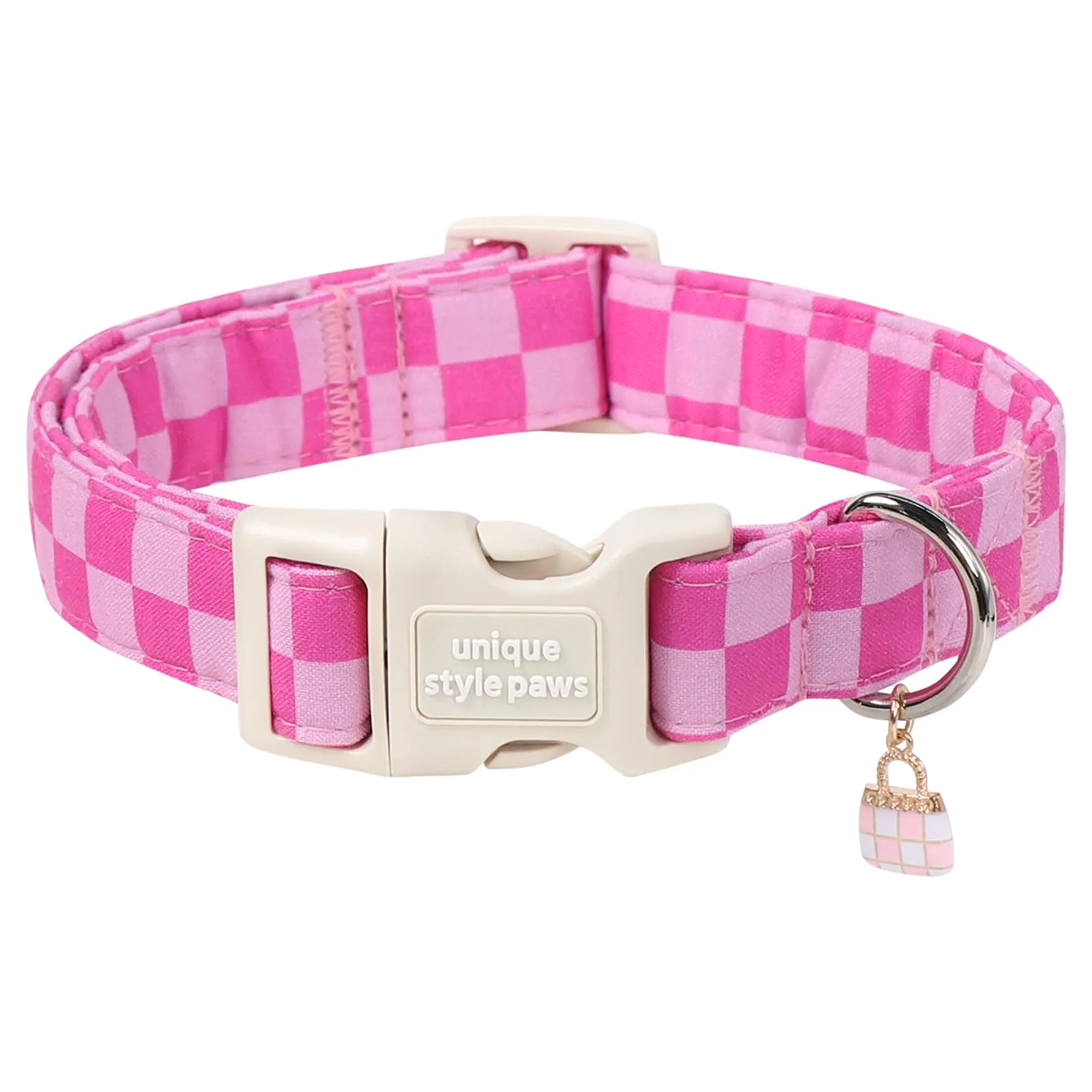 Unique Style Paws Collare per cani in cotone a quadretti rosa con ciondolo a forma di cupcake, collare regolabile per cani con rilascio rapido e robusto anello a D per cani di taglia piccola
