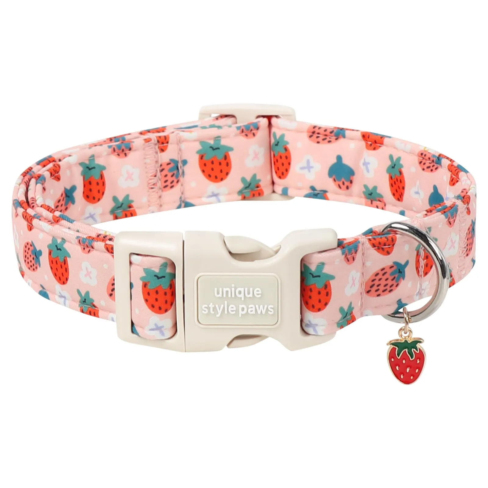 Unique Style Paws Collare per cani in cotone con motivo a fragola e ciondolo a forma di fragola, collare regolabile con sgancio rapido e robusto anello a D per cani di taglia piccola, media e grande