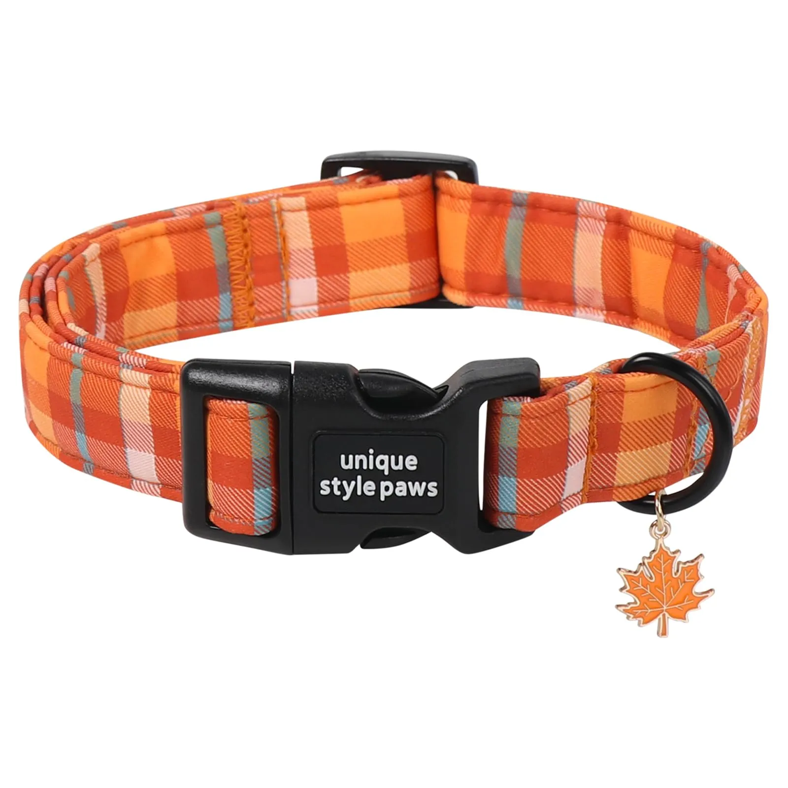 Unique Style Paws Collare per cani in cotone a quadri con ciondolo a forma di foglia d'acero, collare per cani regolabile con sgancio rapido e robusto anello a D per cani di taglia piccola