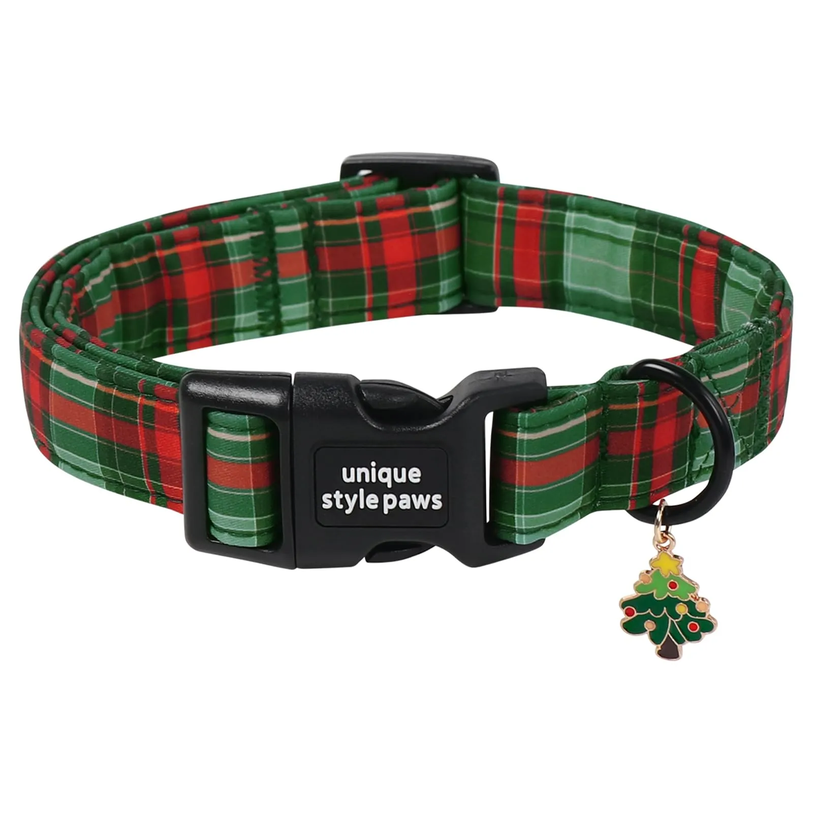 Unique Style Paws Collare per cani in cotone natalizio, regolabile con ciondolo a forma di albero di Natale, sgancio rapido, robusto anello a D, collare per cani a quadretti verdi per cani di taglia