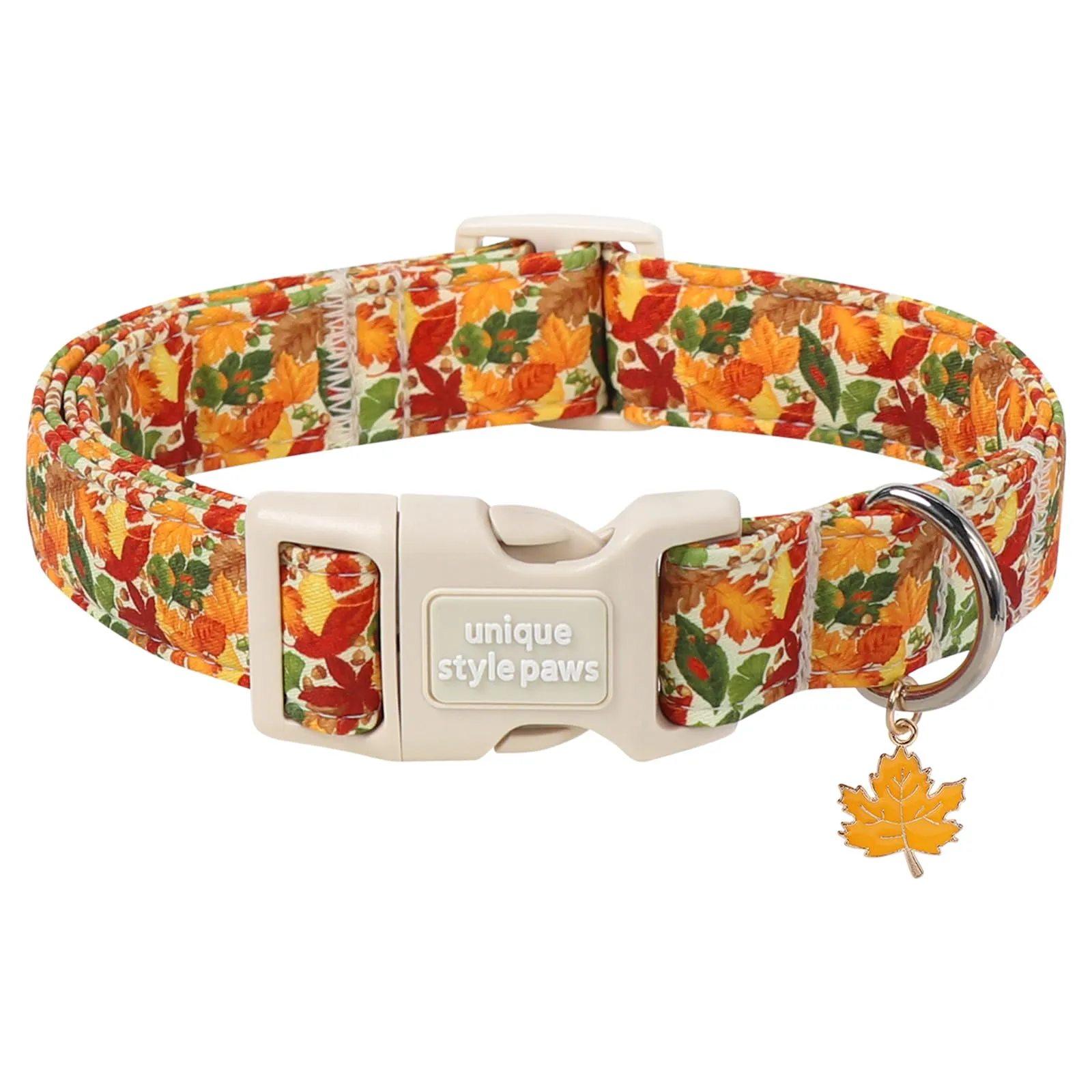Unique Style Paws Collare autunnale in cotone per cani, regolabile con ciondolo a forma di foglia d'acero, sgancio rapido, robusto anello a D, collare per cani con foglie autunnali per cani di taglia