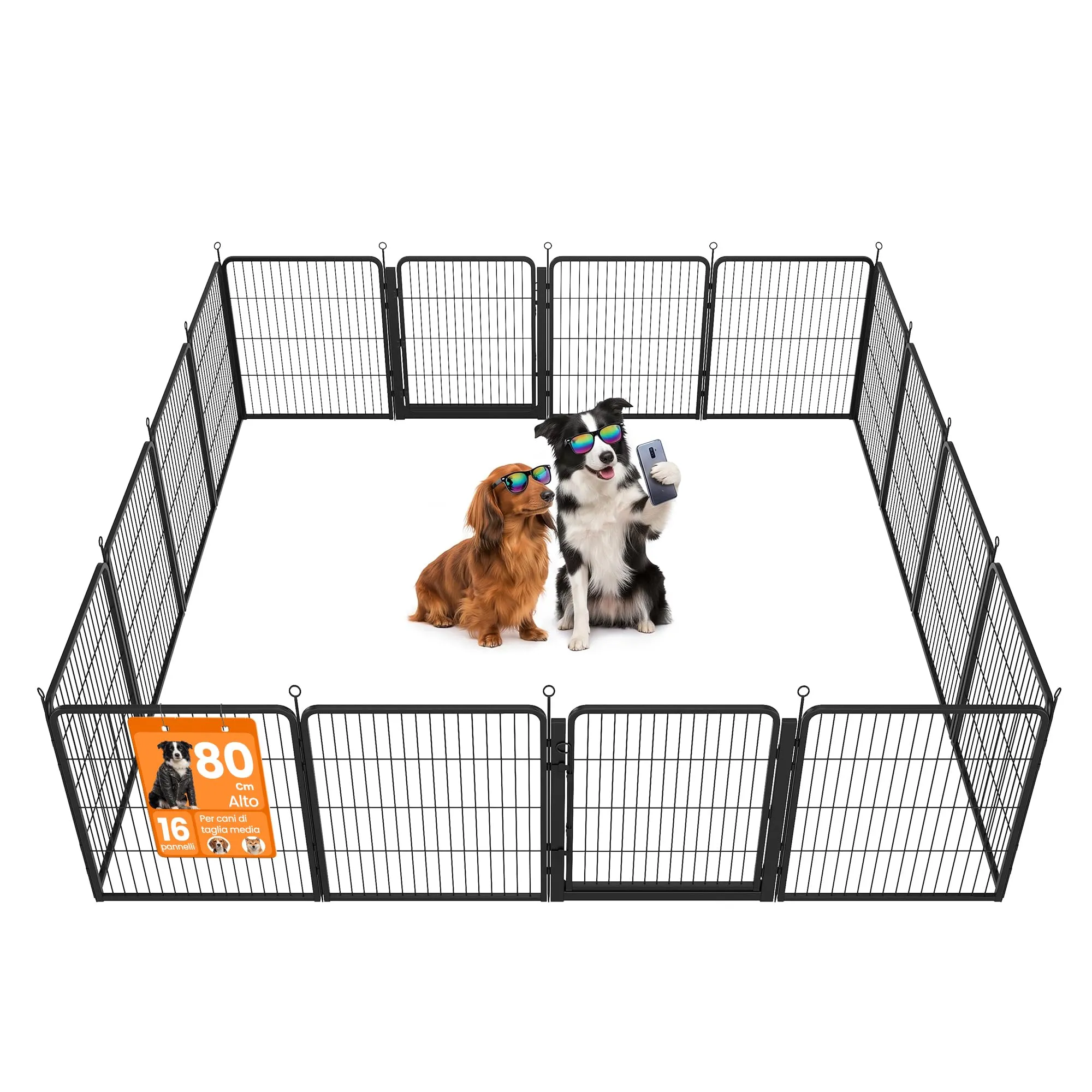 Feandrea Recinto per Cani in Metallo, con Porta, 16 Pannelli, 276 x 276 x 80 cm, Nero, da Esterno e Interno, Antiruggine Collezione Dack PPK038B102