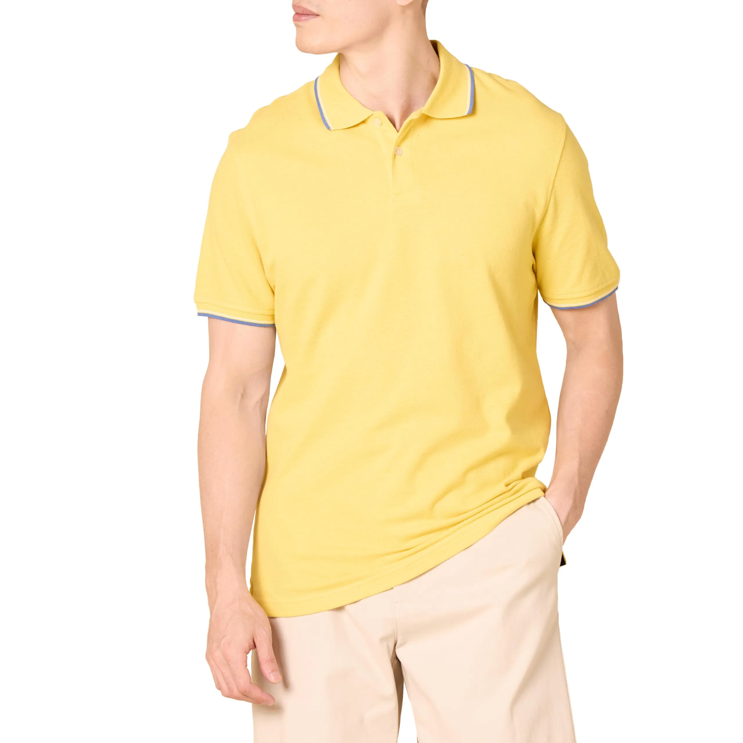 Amazon Essentials Polo in piqué di Cotone Slim Uomo, Giallo Thin Stripe, M