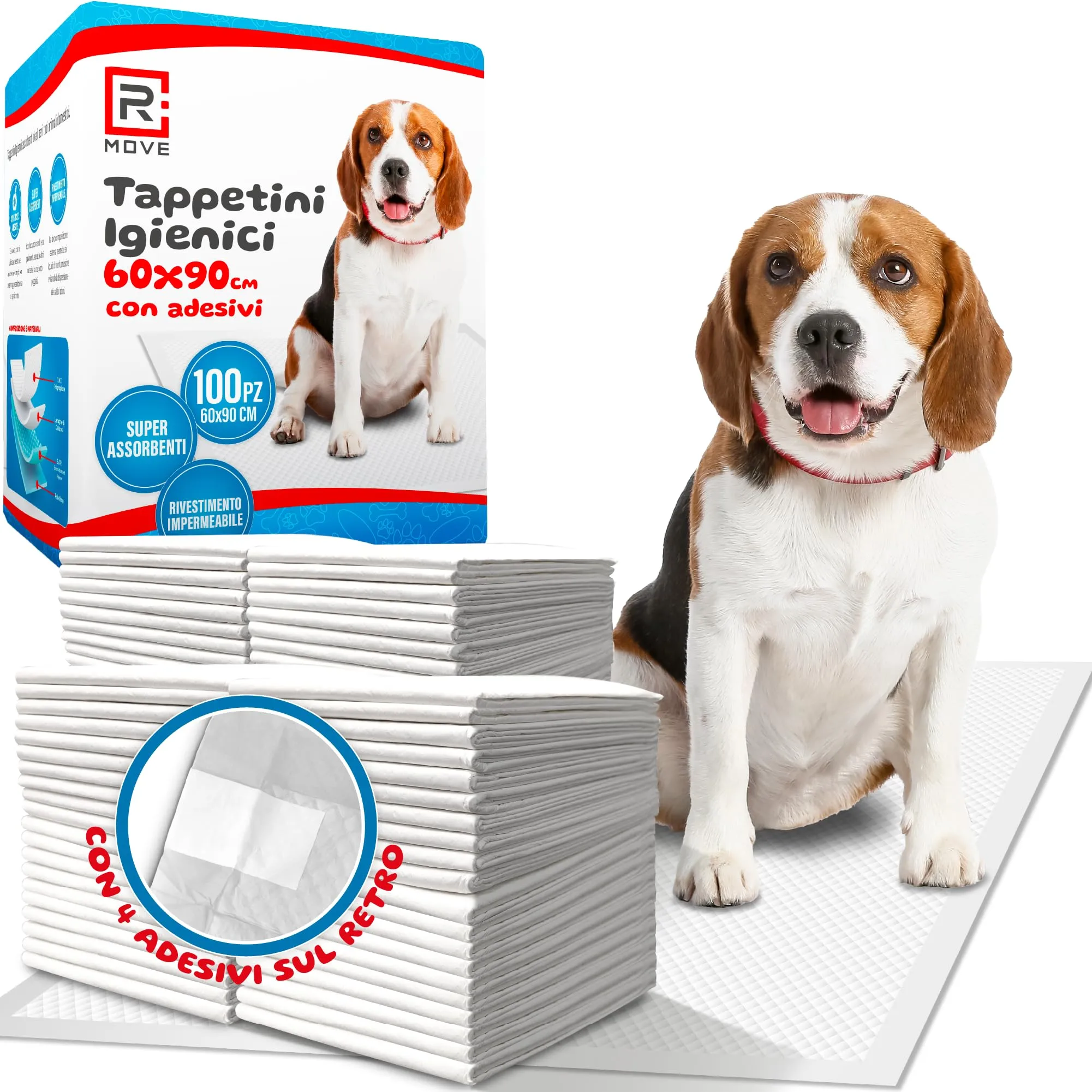 R MOVE 100 Traversine Cani 60x90 cm con Adesivi, Tappetini igienici per cani, traverse cani 60x90, extra-assorbenti Anti-odore (60x90 (Confezione da 100))