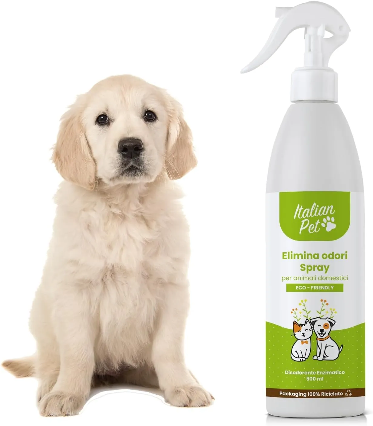 Italian Pet Elimina Odori Naturale Spray - Disodorante Enzimatico - Neutralizza Odori Tessuti, Cucce, Gabbie, Pavimenti, Divani, Tappeti - 500ml - Flacone plastica 100% riciclata