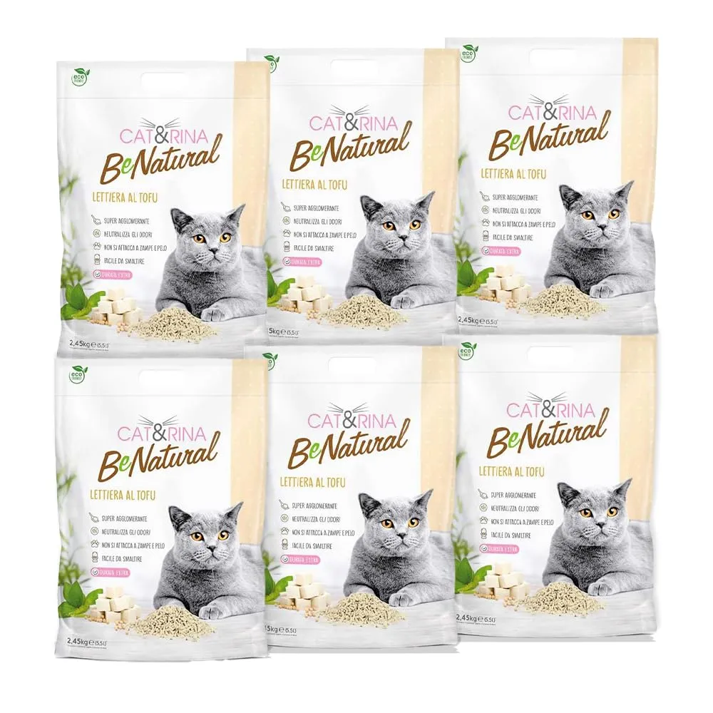 Cat&Rina BeNatural, lettiera per gatti al tofu da 5,5l Agglomerante e Vegetale. Fino a 30 giorni di utilizzo. Si smaltisce nell'organico o nel wc. Sabbia gatti anti odore Classica, 6 pezzi