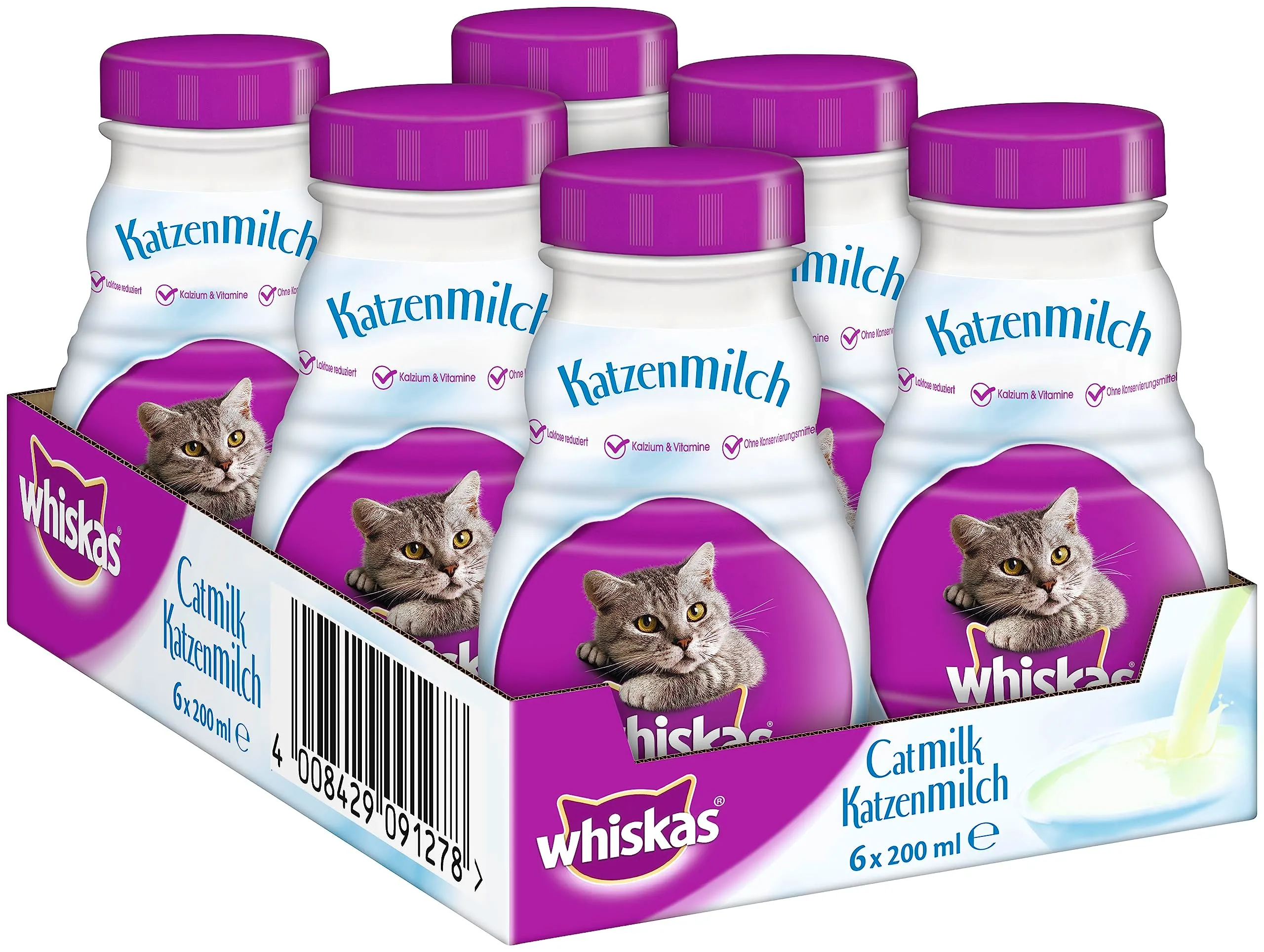 Whiskas Latte per gatti a partire da 6 settimane – Delizioso snack per un gatto felice, senza lattosio e facilmente digeribile, confezione da 6 bottiglie da 200 ml