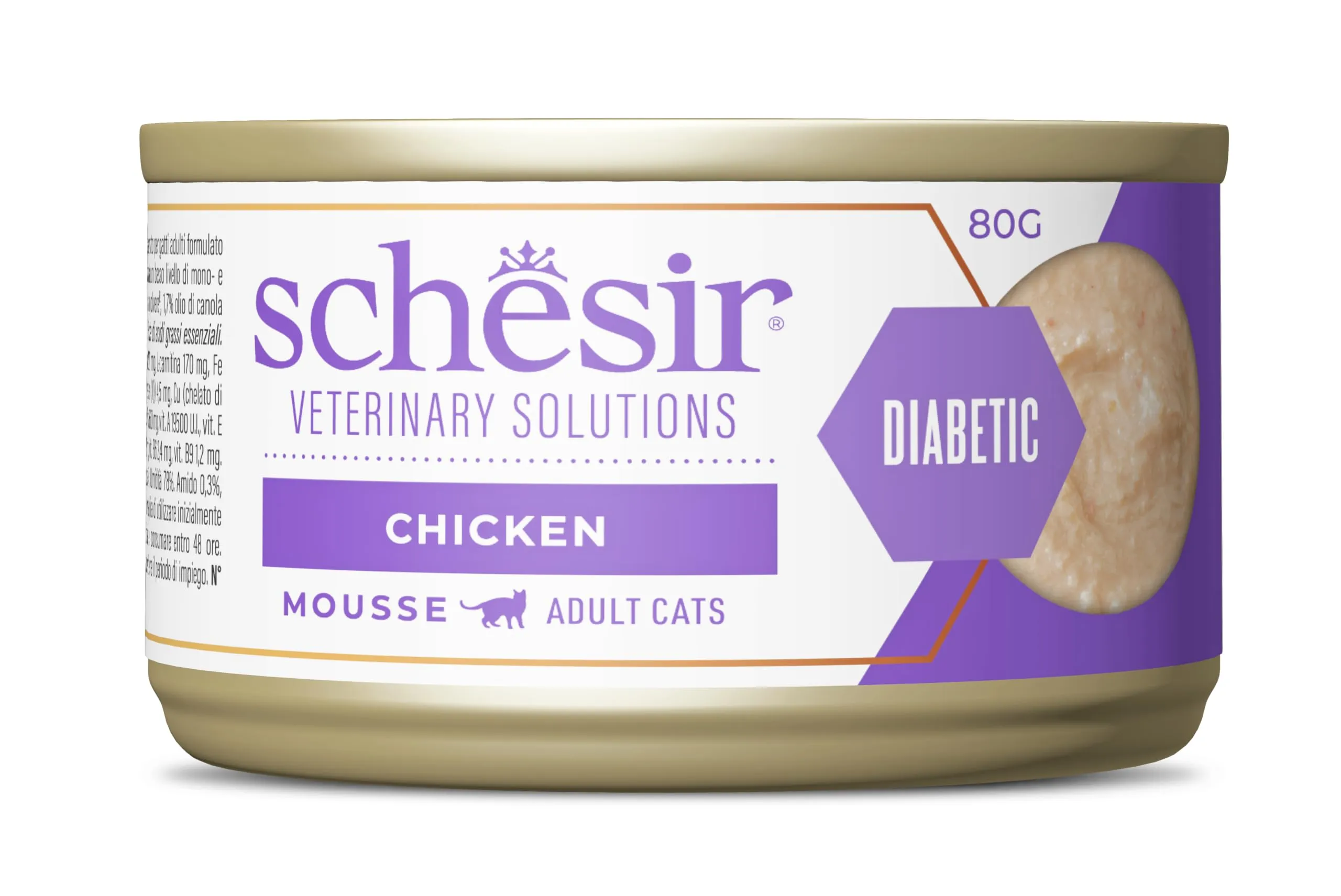 Schesir Veterinary Solutions Diabetic, Mousse al Pollo, Alimento Umido Dietetico per Gatti Adulti, Regolazione Apporto di Glucosio, 8 x 80 g