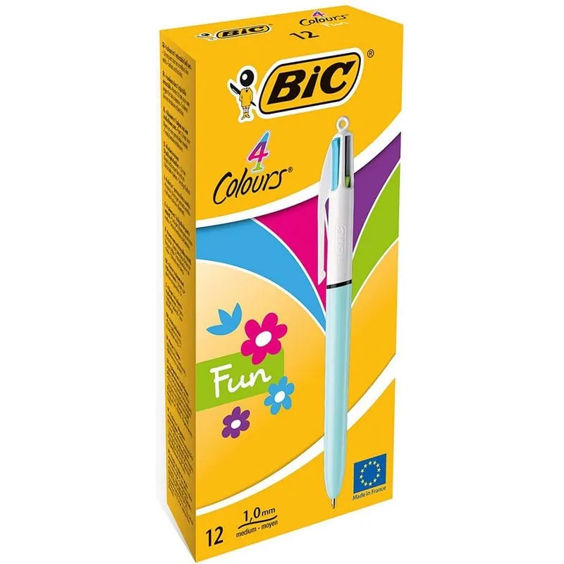 Bic Fun 4 Colori Scatola da 12 Penne Retrattili Corpo Blu Pastello