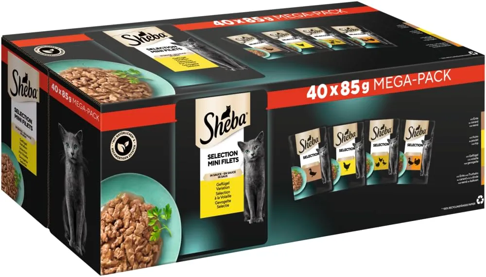 Selezione di cibo umido per gatti Sheba in salsa, 40 buste monoporzione, 40 x 85 g (1 confezione grande), variante di pollame umido con anatra, pollo e tacchino (la confezione può variare)