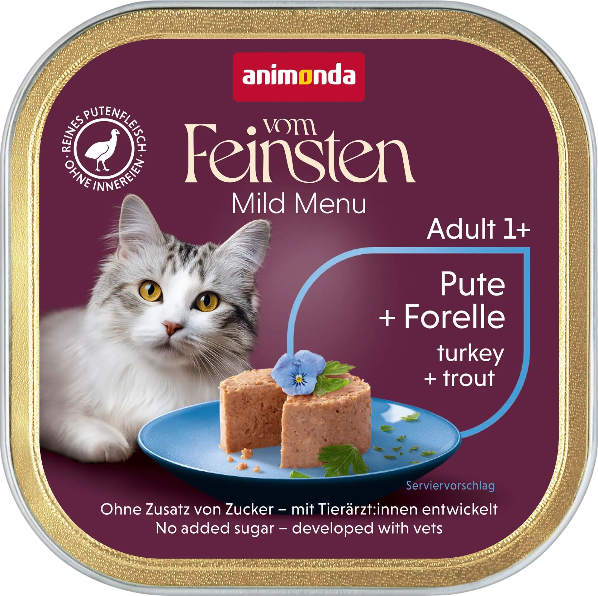 animonda vom Feinsten Menu delicato tacchino + trota (32 x 100 g), cibo per gatti senza cereali, bagnato senza zucchero, cibo per gatti facilmente digeribile con carne di tacchino
