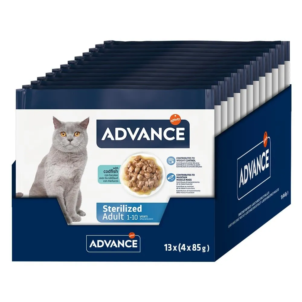Advance Cibo Umido per Gatti Adulti Sterilizzati con Merluzzo 13 Flowpacks da 4x85g