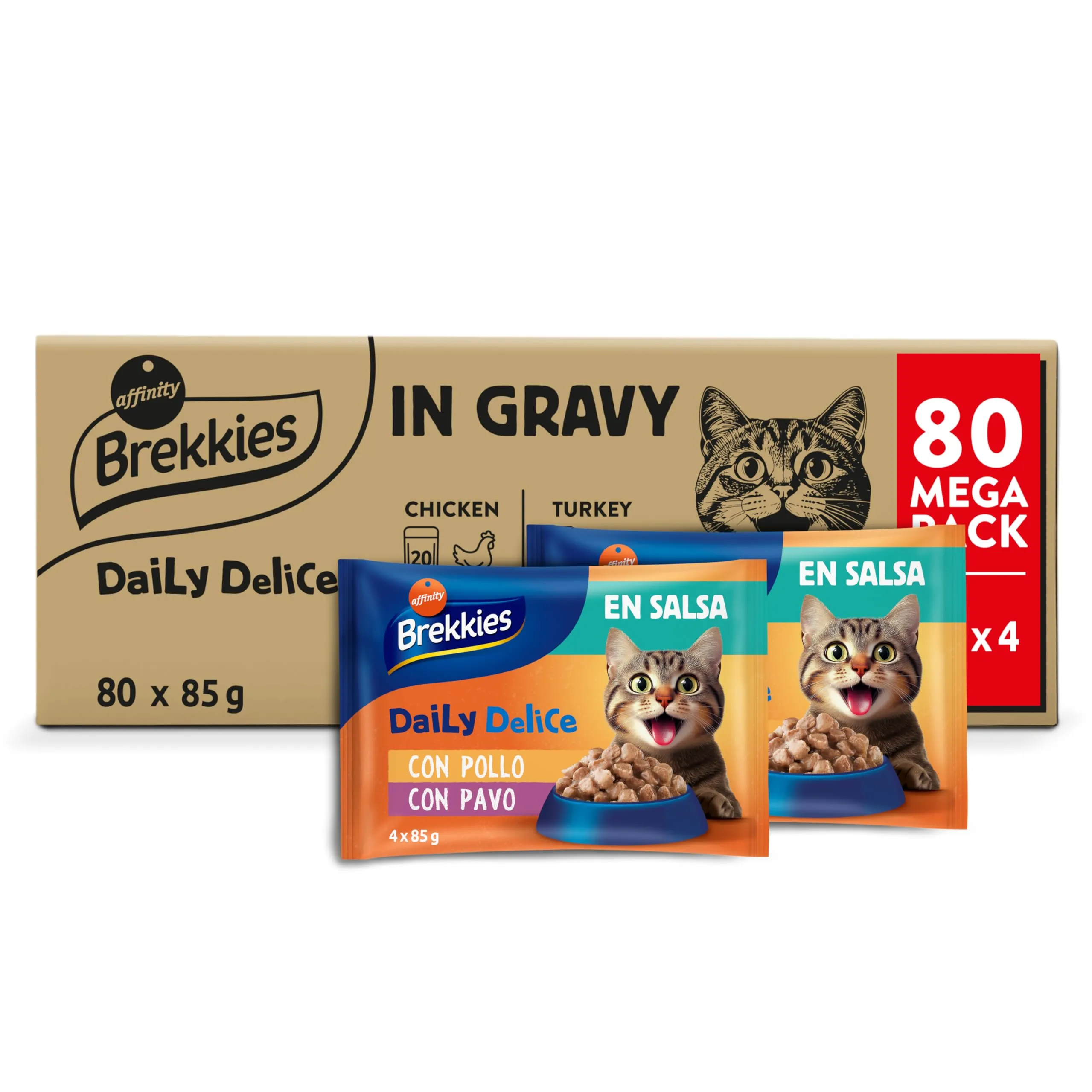 Brekkies Daily Delice Cibo umido per gatti Bocconcini in salsa (pollo, tacchino, salmone e tonno) - Confezione da 80 x 85 g