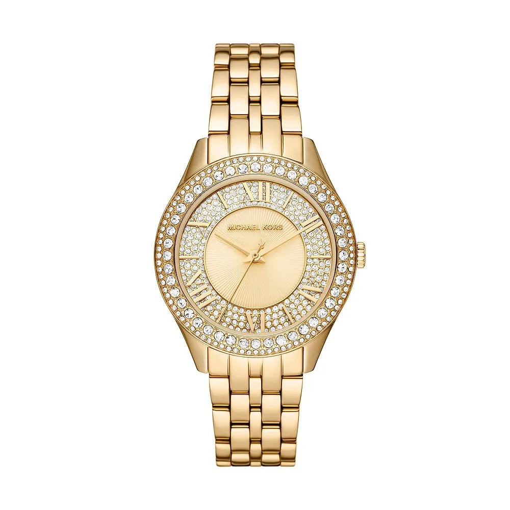 Michael Kors Orologio Harlowe da donna, movimento al quarzo a tre lancette con cinturino in acciaio o in pelle, 38 mm, Tono oro e glitter