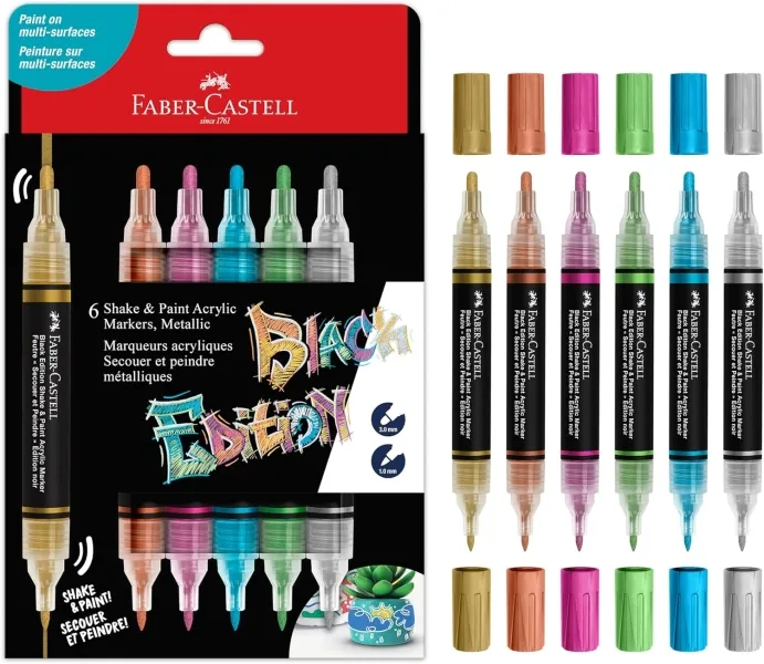 Faber-Castell Shake & Paint Black Edition confezione da 6 pennarelli acrilici a doppia punta - Punte rotonde da 1 mm e 3 mm - Inchiostro acrilico a base d'acqua - Colori metallizzati assortiti