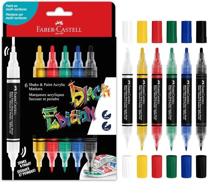 Faber-Castell Shake & Paint Black Edition Confezione da 6 pennarelli acrilici a doppia punta - punte rotonde da 1 mm e 3 mm - Inchiostro acrilico a base d'acqua - Colori classici assortiti
