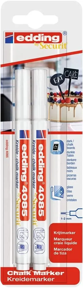 Edding 4085 Confezione da 2 pennarelli a gesso liquido - Punta rotonda - Tratto 1-3 mm - Odore neutro - Colore bianco