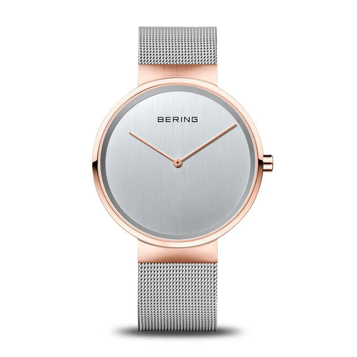 BERING 14539-060 Orologio da donna al quarzo, orologio da polso con cassa in acciaio inossidabile color oro rosa da 39 mm, quadrante color argento, cinturino in maglia milanese, vetro zaffiro, 5 ATM
