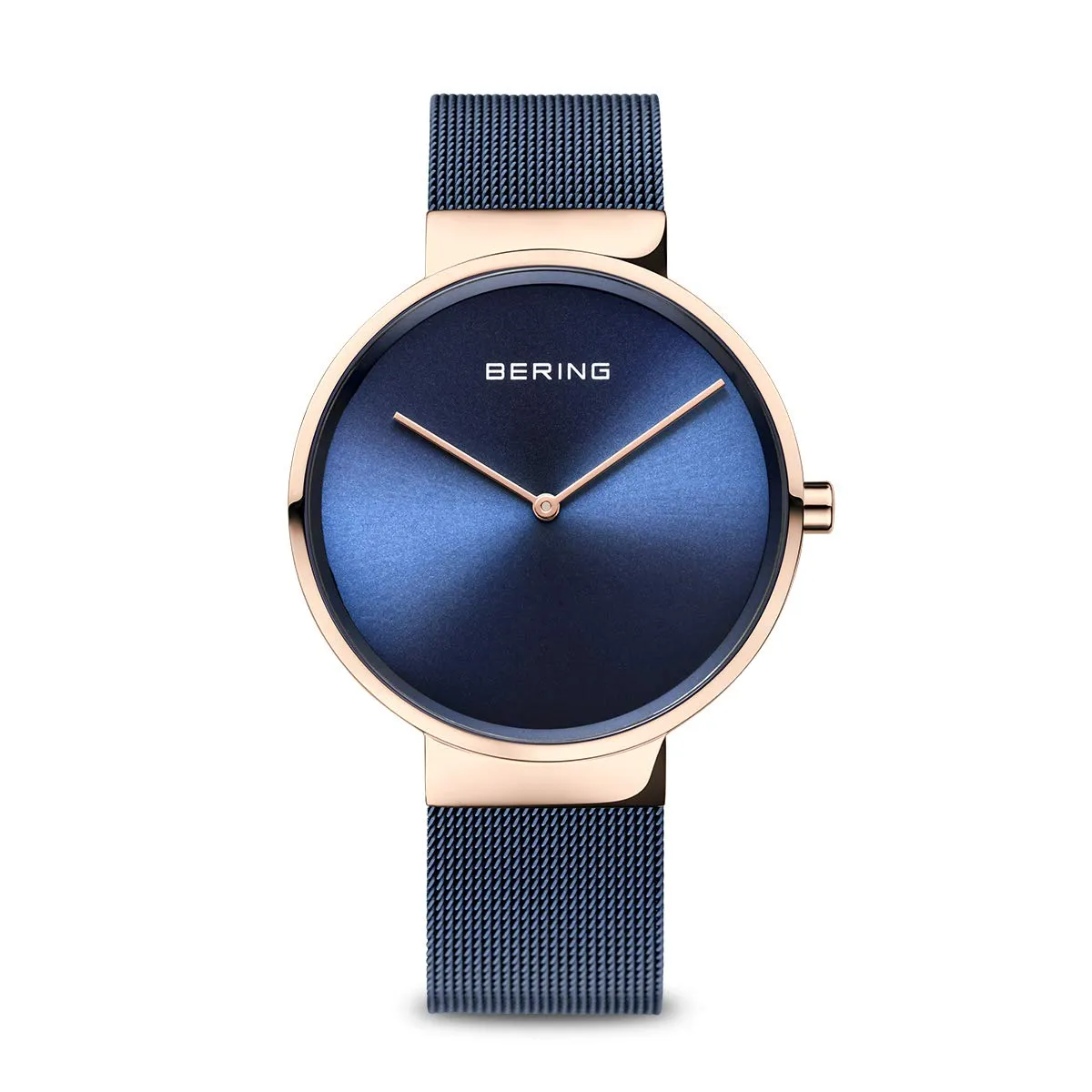 BERING 14539-367 Orologio da donna al quarzo, orologio da polso con cassa in acciaio inossidabile color oro rosa da 39 mm e quadrante blu, cinturino in maglia milanese, vetro zaffiro, 5 ATM