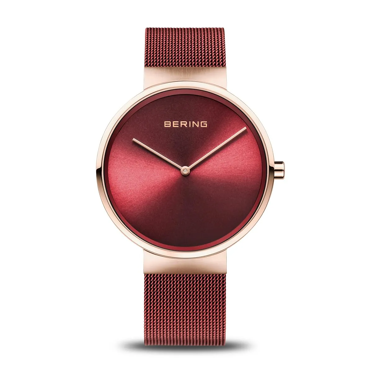 BERING 14539-363 Orologio da donna al quarzo, orologio da polso con cassa in acciaio inossidabile color oro rosa da 39 mm e quadrante rosso, cinturino in maglia milanese, vetro zaffiro, 5 ATM