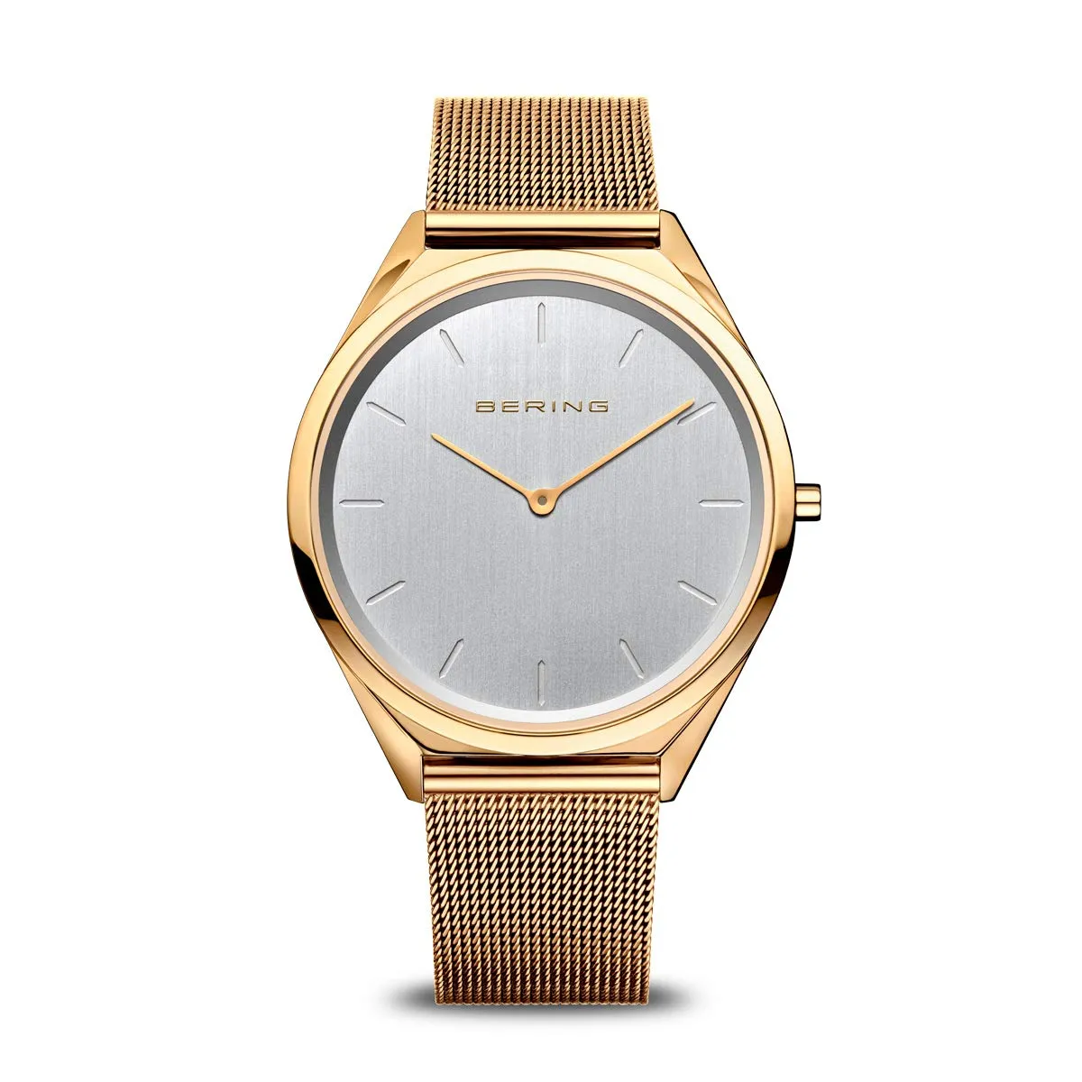 BERING 17039-334 Orologio unisex al quarzo, orologio da polso con cassa in acciaio inossidabile color oro da 39 mm e quadrante color argento, cinturino in maglia milanese, vetro zaffiro, 3 ATM