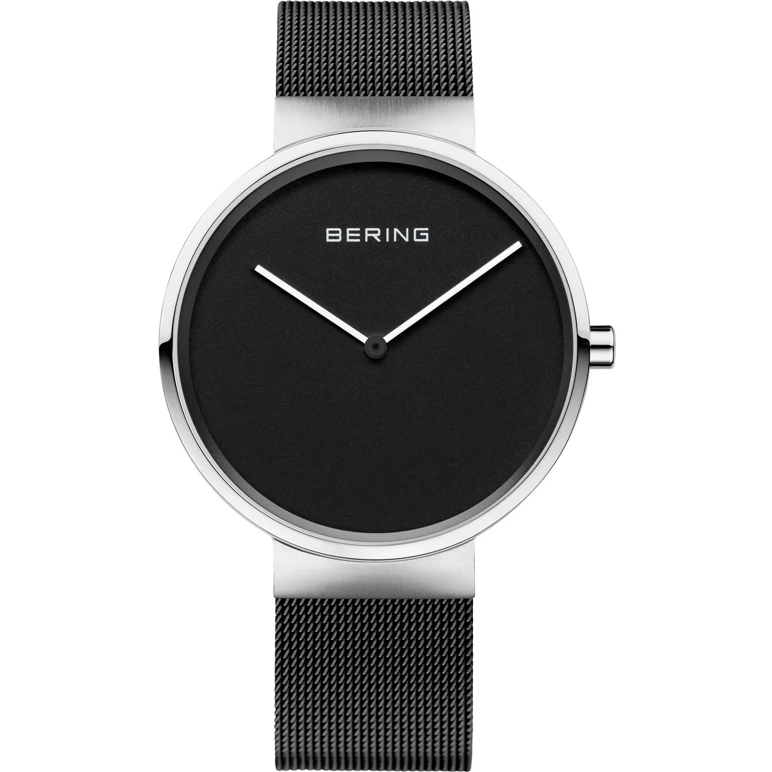 BERING 14539-102 Orologio unisex al quarzo, orologio da polso con cassa in acciaio inossidabile color argento da 39 mm, quadrante nero, cinturino in maglia milanese, vetro zaffiro, 5 ATM