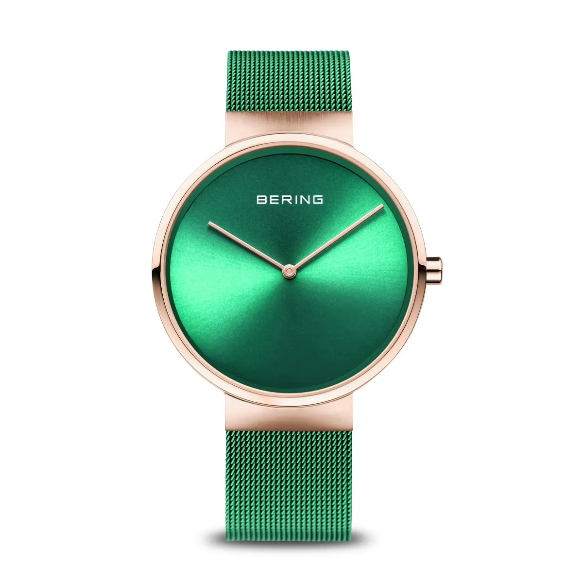 BERING 14539-868 Orologio unisex al quarzo, orologio da polso con cassa in acciaio inossidabile color oro rosa da 39 mm e quadrante verde, cinturino in maglia milanese, vetro zaffiro, 5 ATM