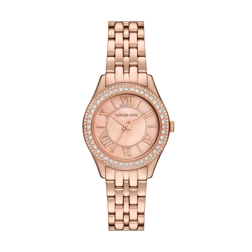 Michael Kors Orologio Harlowe da donna, movimento al quarzo a tre lancette con cinturino in acciaio o in pelle, 33 mm, Oro metallizzato