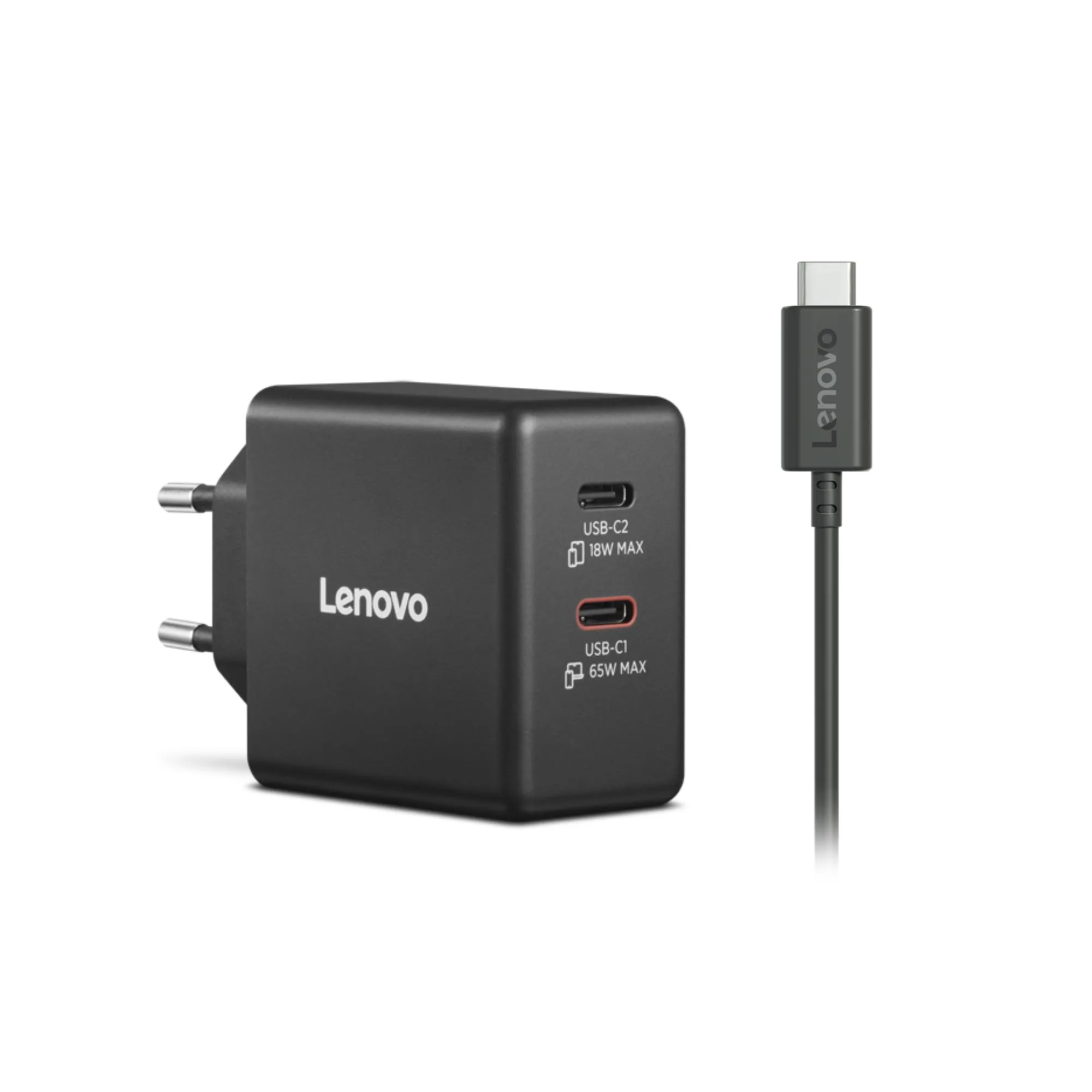 Lenovo Dual USB-C 65W GaN Charger, alimentatore compatto da muro con doppia Type-C, cavo USB-C 1,5m incluso - ideale per laptop, PC, cellulare e tablet: un solo caricabatterie per più dispositivi