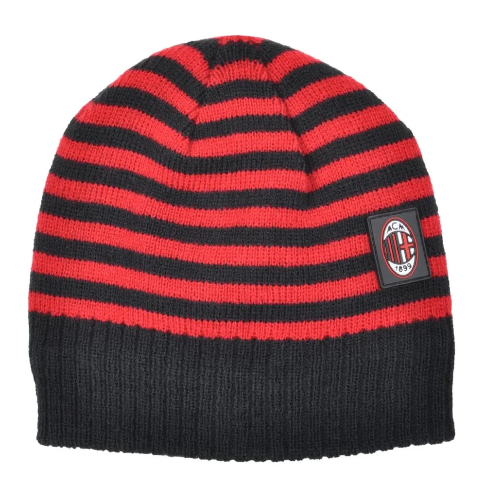 Cappello Cuffia a Maglia Rigata, Logo Milan in Gomma Applicato, Misura Baby. Prodotto Ufficiale Milan 141403