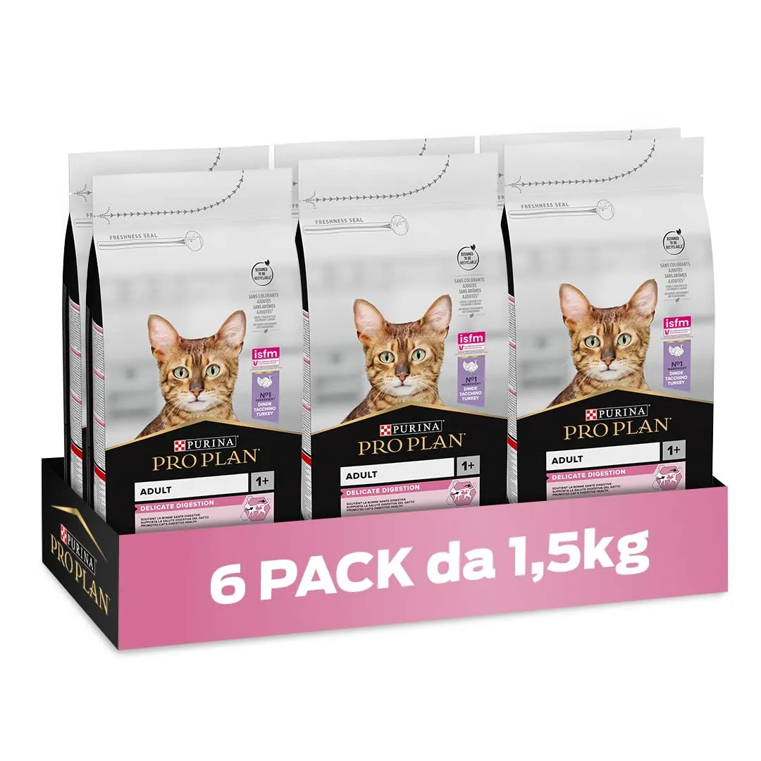 Purina Pro Plan Delicate Digestion Crocchette Gatti Adulti Ricco in Tacchino, 6 Confezioni da 1,5 kg