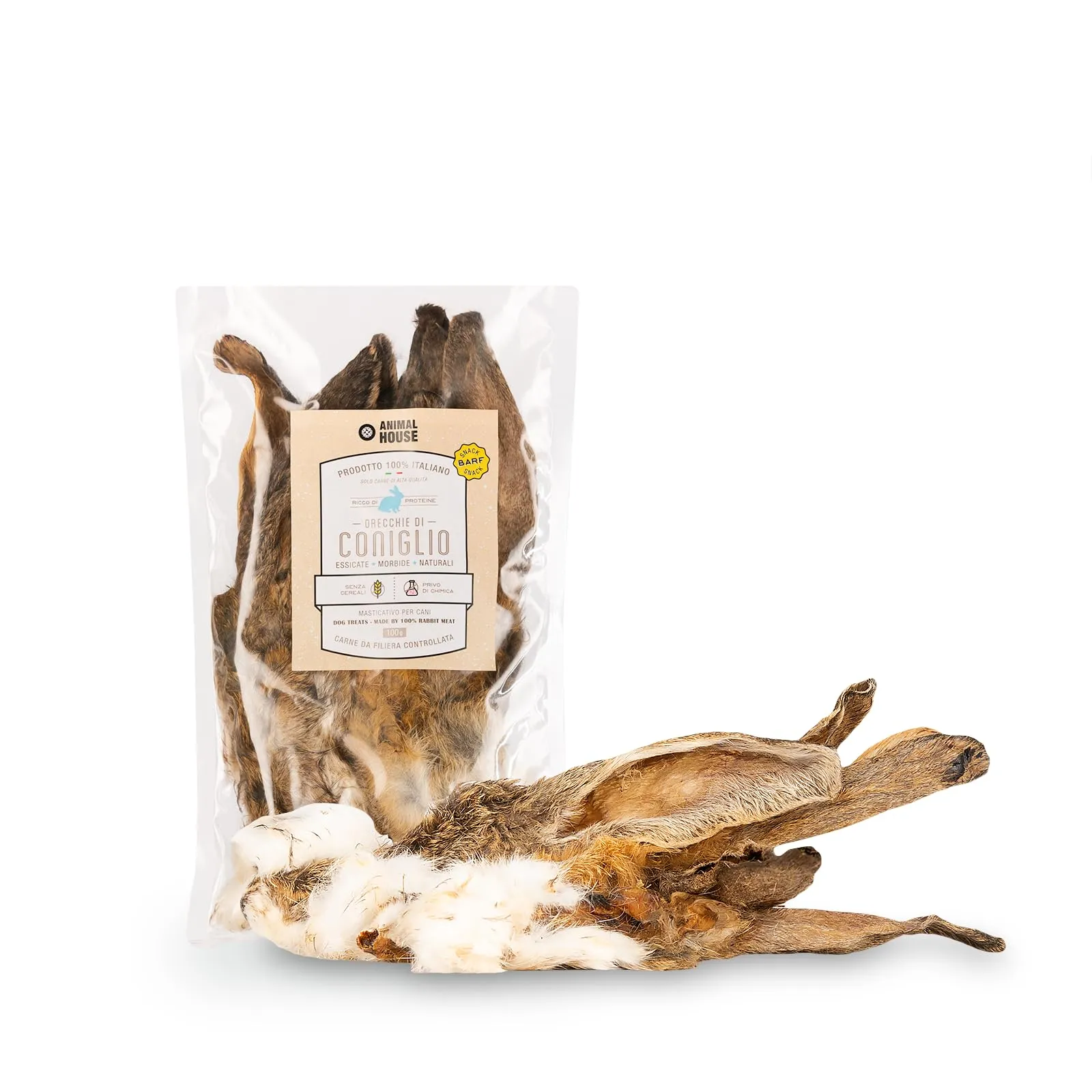 Animal House Snack Naturale per Cani, 100 GR, Orecchie Coniglio Con Pelo