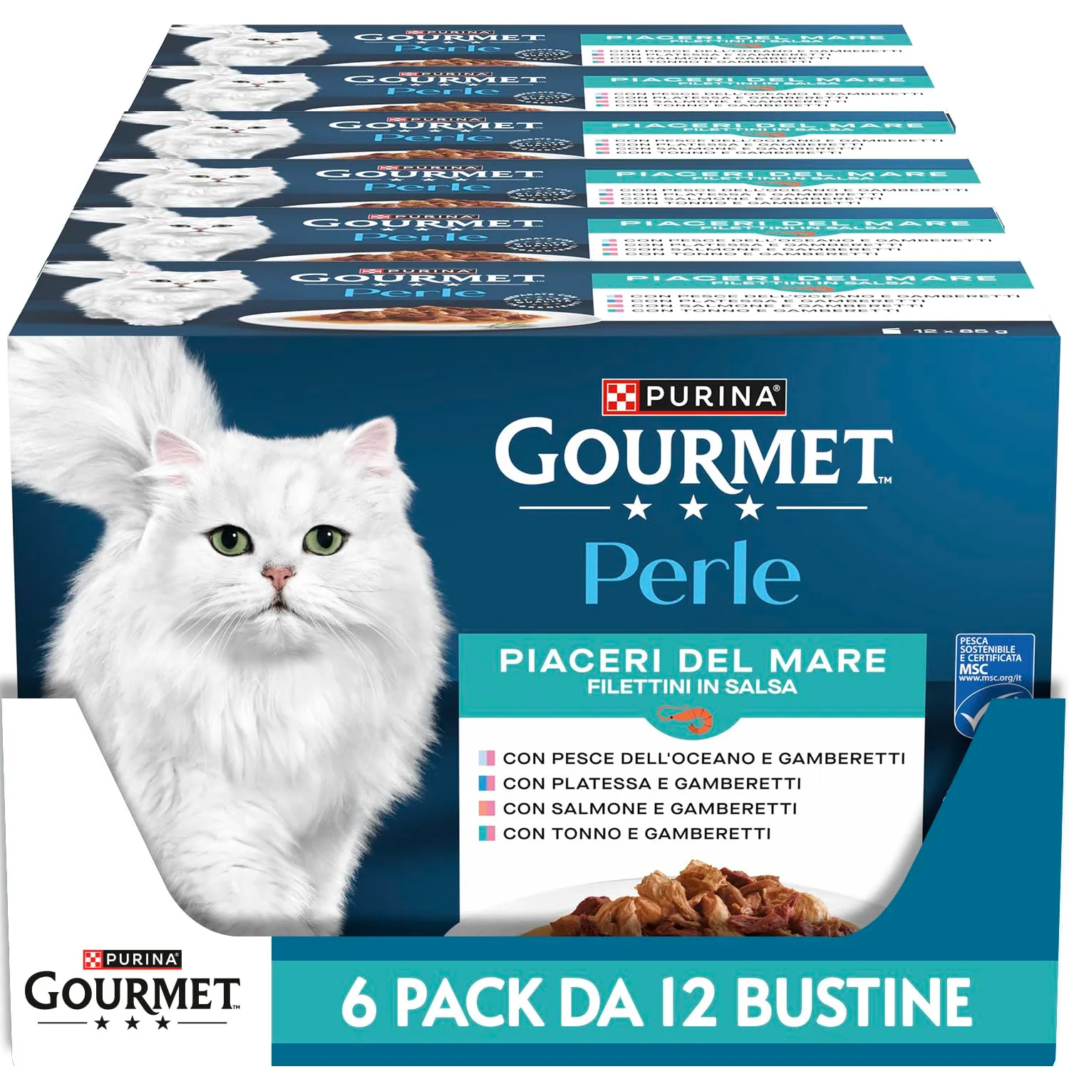 Gourmet Perle Umido Gatto Filettini in Salsa con Pesce dell'Oceano, Platessa, Salmone, Tonno con Gamberetti - 72Buste da 85 g Ciascuna (6 Confezioni da 12 x 85 g)