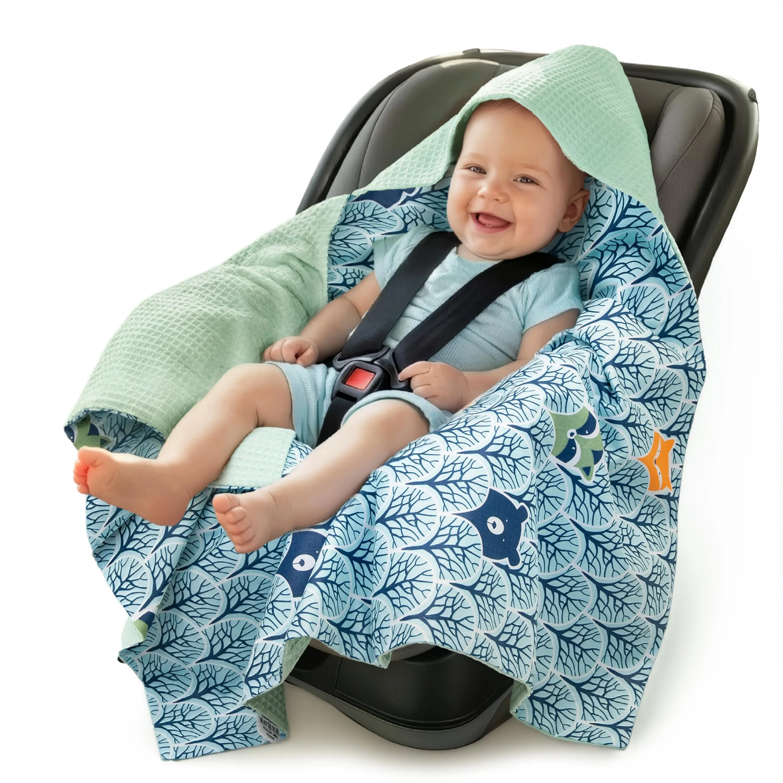 Medi Partners Coperta neonato ovetto Sacco per Passeggino - 100% Cotone universale Blanket 85x85cm fodera protettiva Morbida e Accogliente Passeggini Marsupio (Foresta Alla Menta Waffle)
