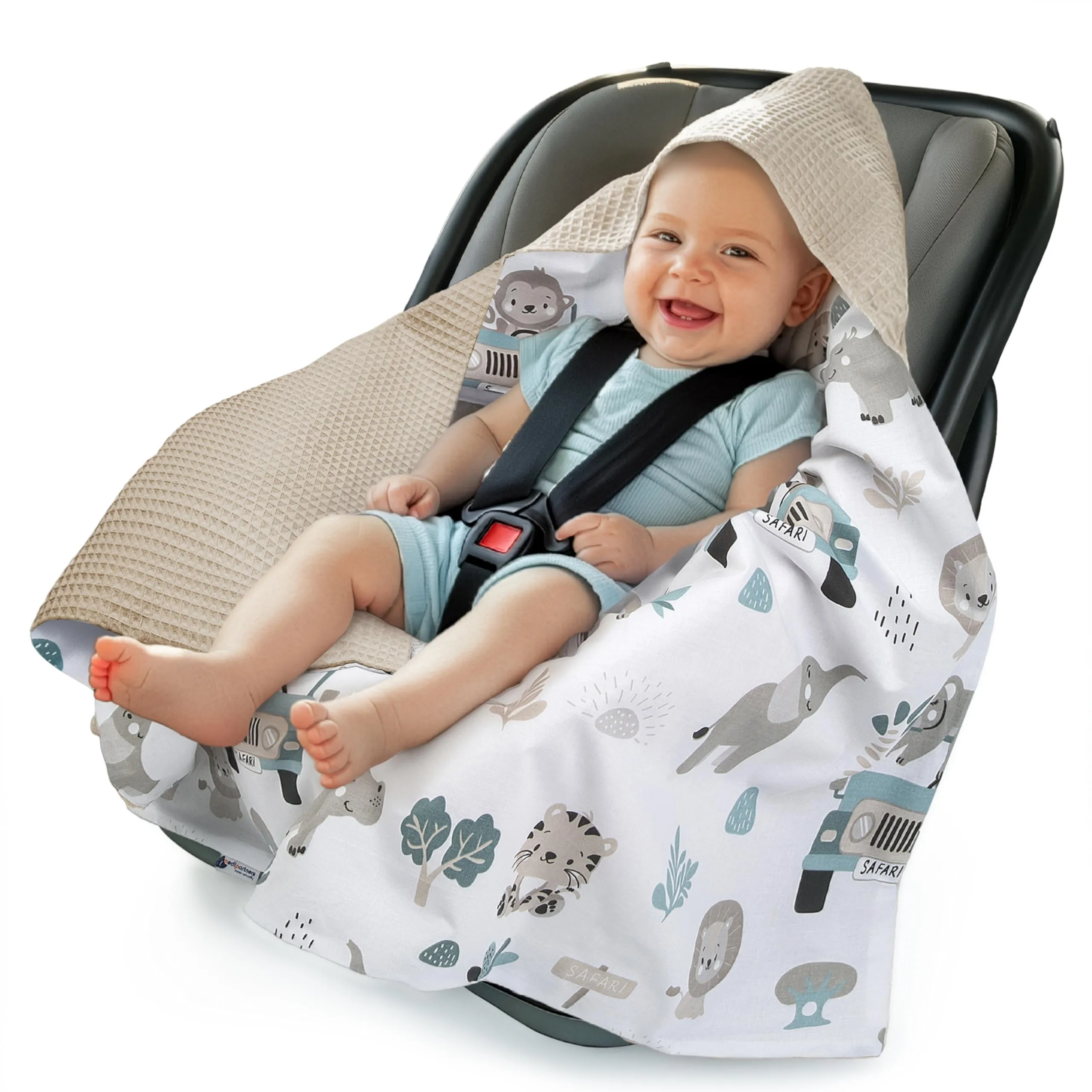 Medi Partners Coperta neonato ovetto Sacco per Passeggino - 100% Cotone universale Blanket 85x85cm fodera protettiva Morbida e Accogliente Passeggini Marsupio (Zoo Alla Menta Con Waffle Grigio)